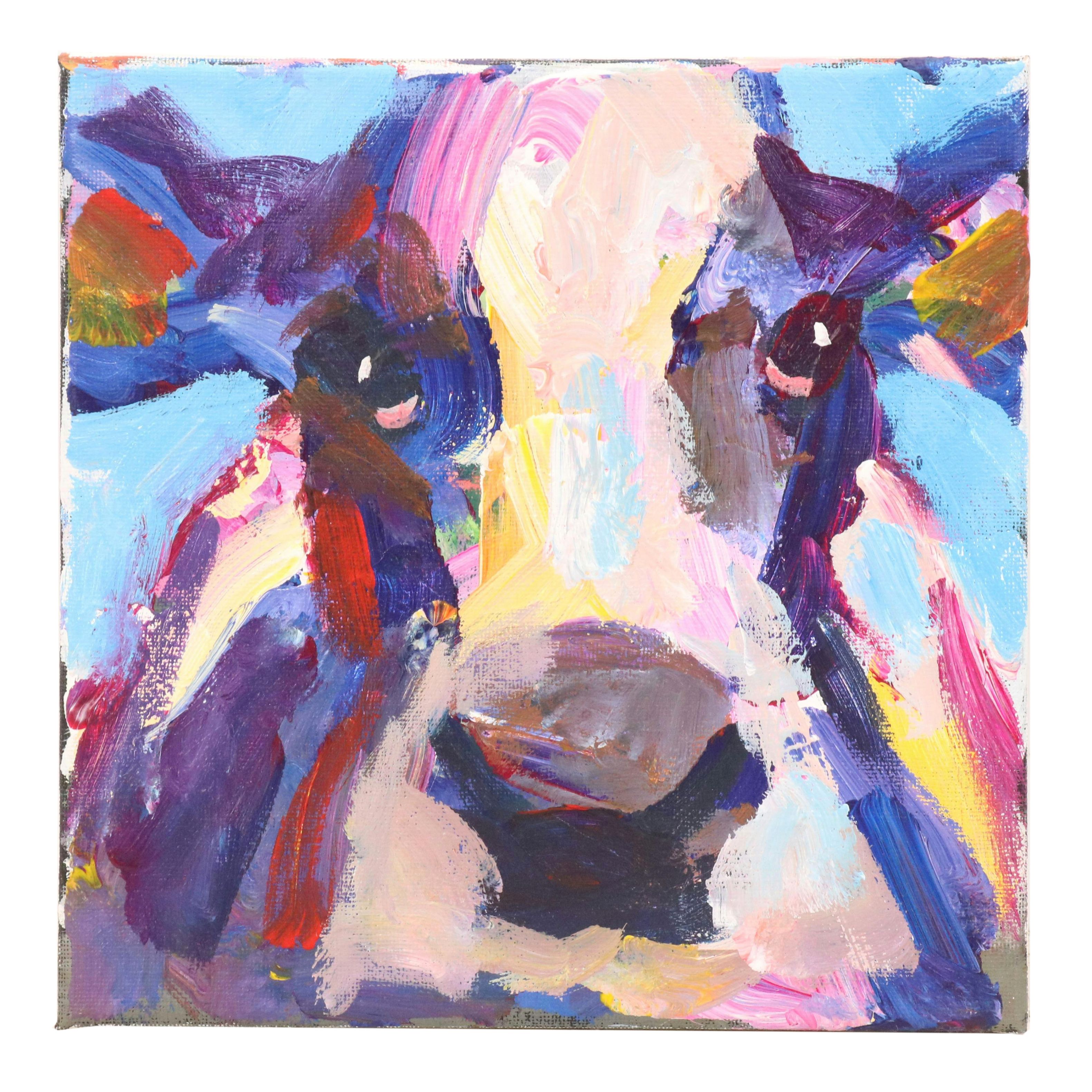 Elle Raines Stylized Acrylic Painting "Cow," 21st Century