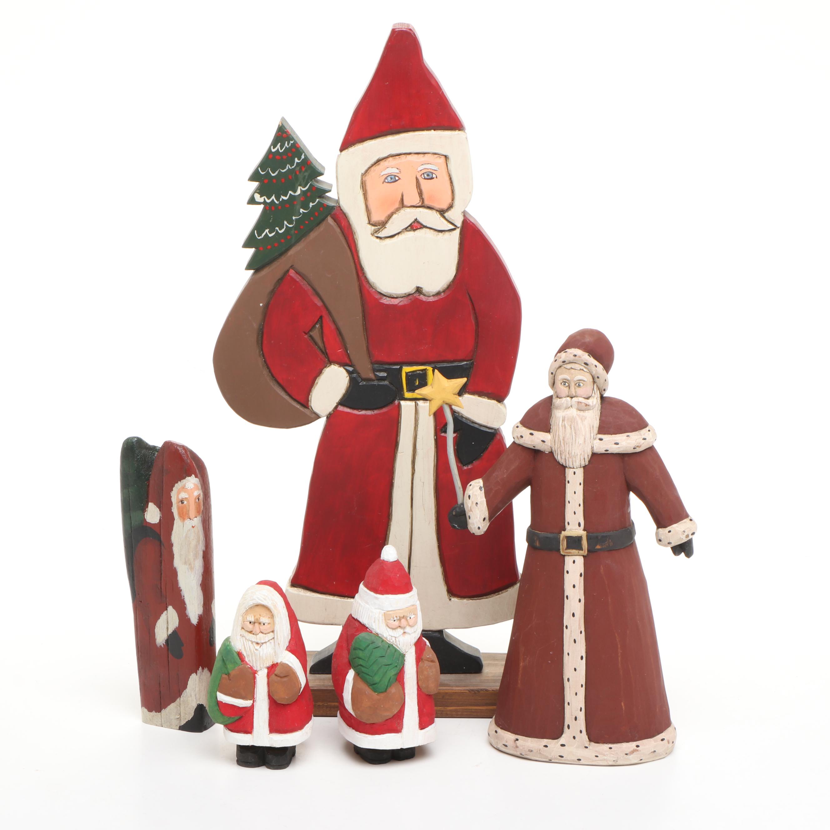 Artist Signed Wooden Santa Claus Figurines, Late 20th Century