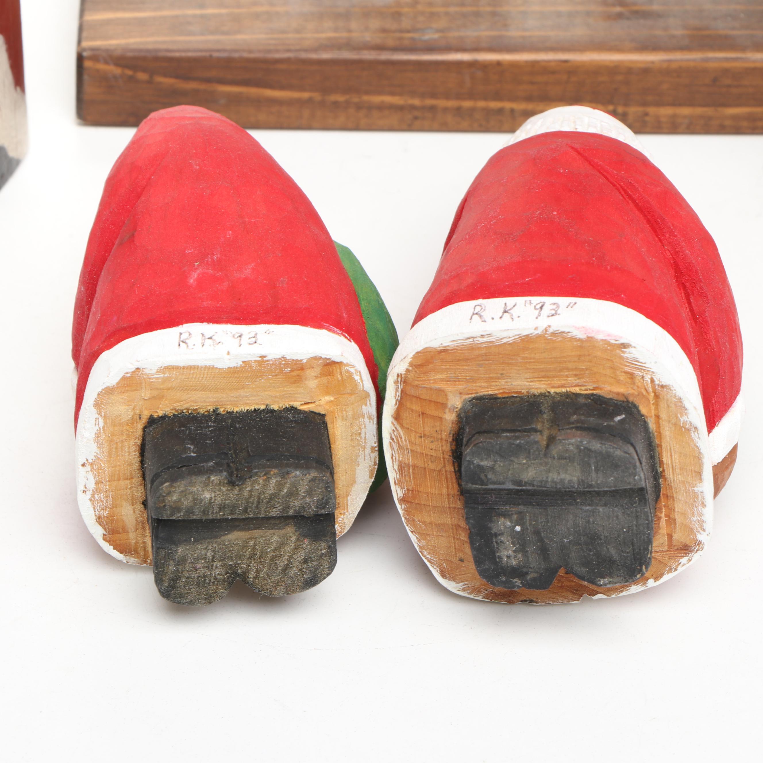 Artist Signed Wooden Santa Claus Figurines, Late 20th Century