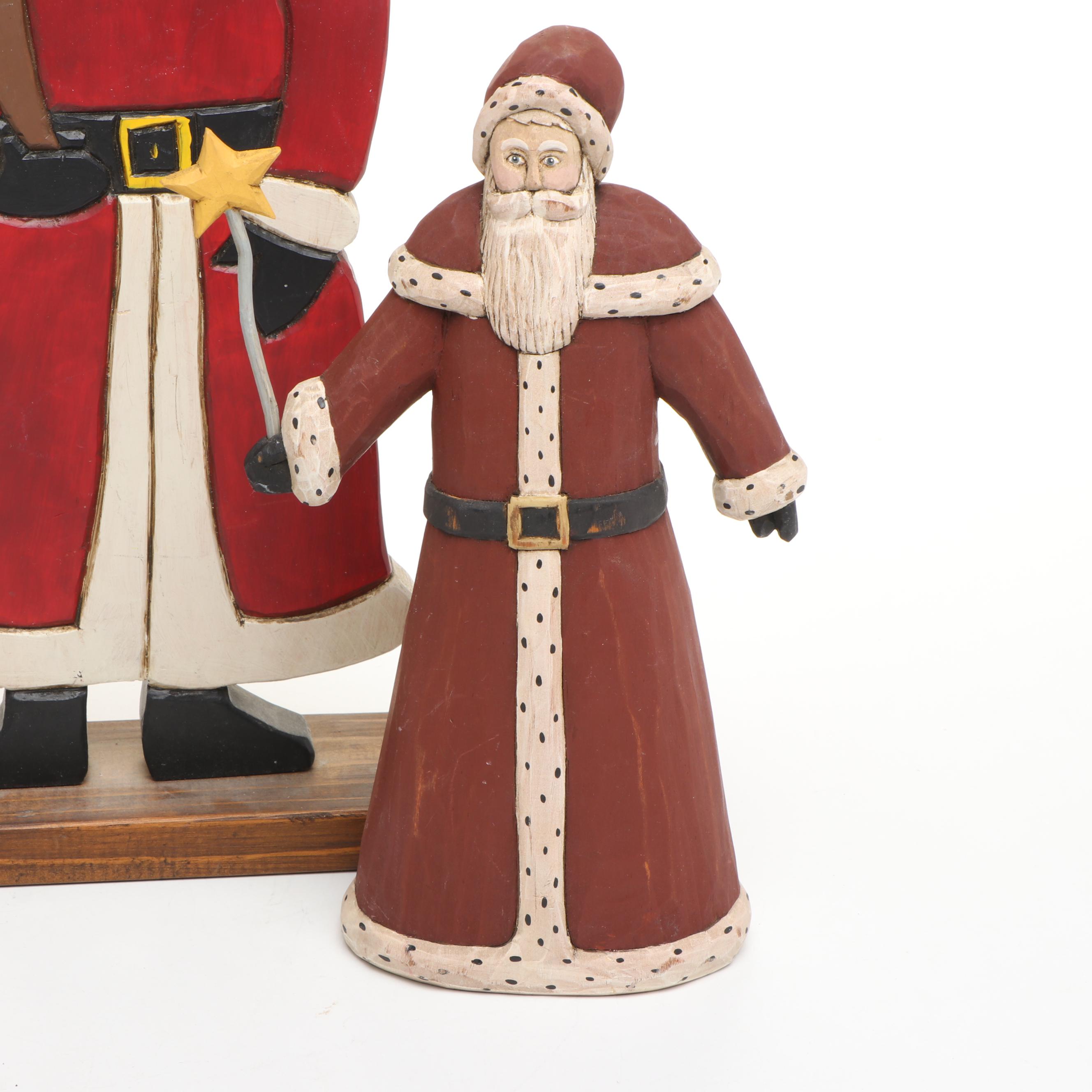 Artist Signed Wooden Santa Claus Figurines, Late 20th Century