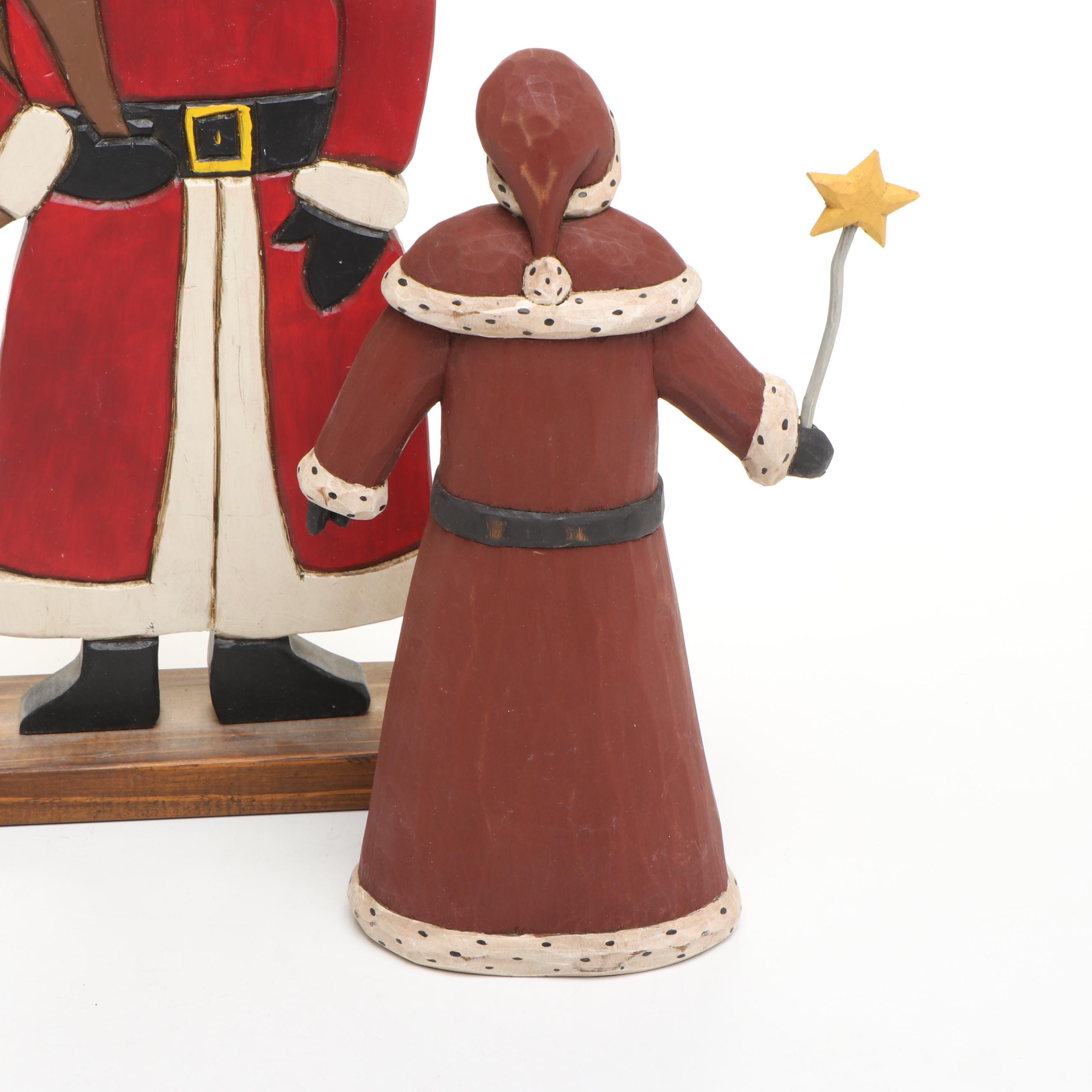 Artist Signed Wooden Santa Claus Figurines, Late 20th Century