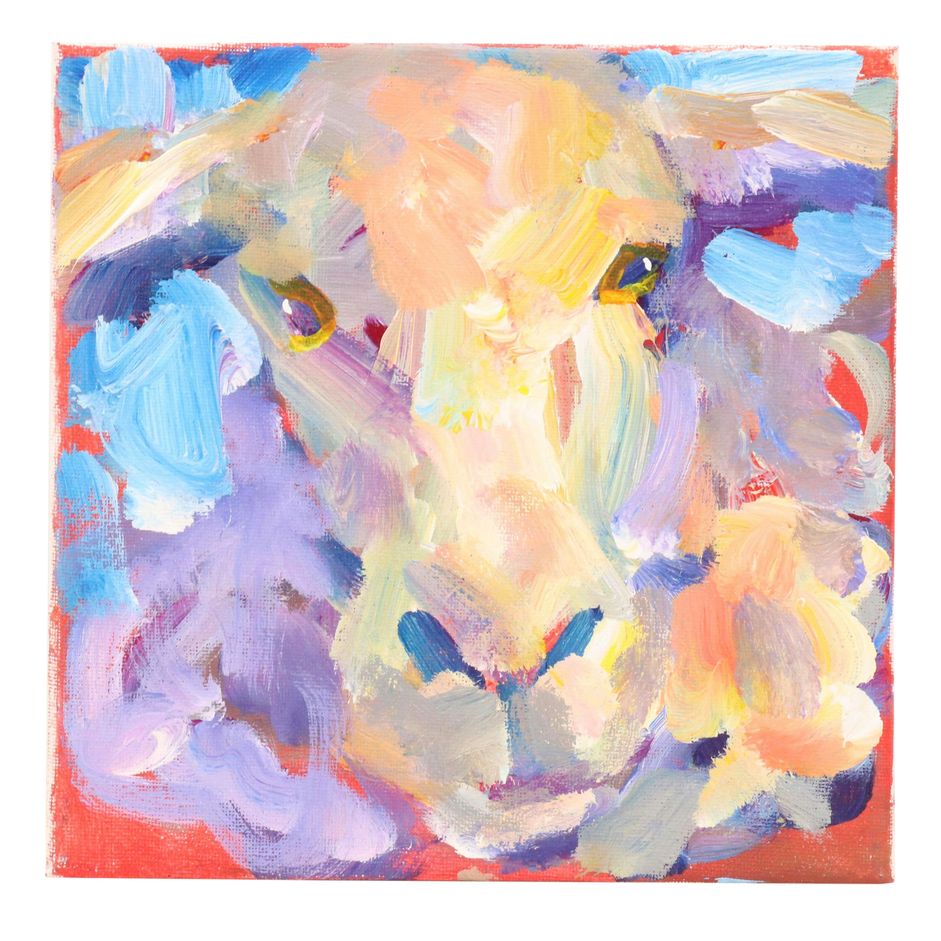 Elle Raines Stylized Acrylic Painting "Sheep," 21st Century