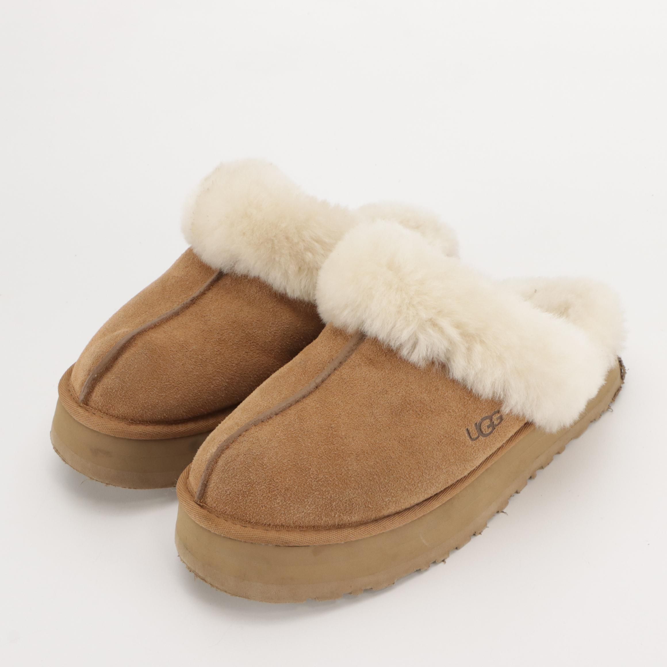 UGG Disquette Platform Slippers in Sheepskin Lined Chestnut Suede