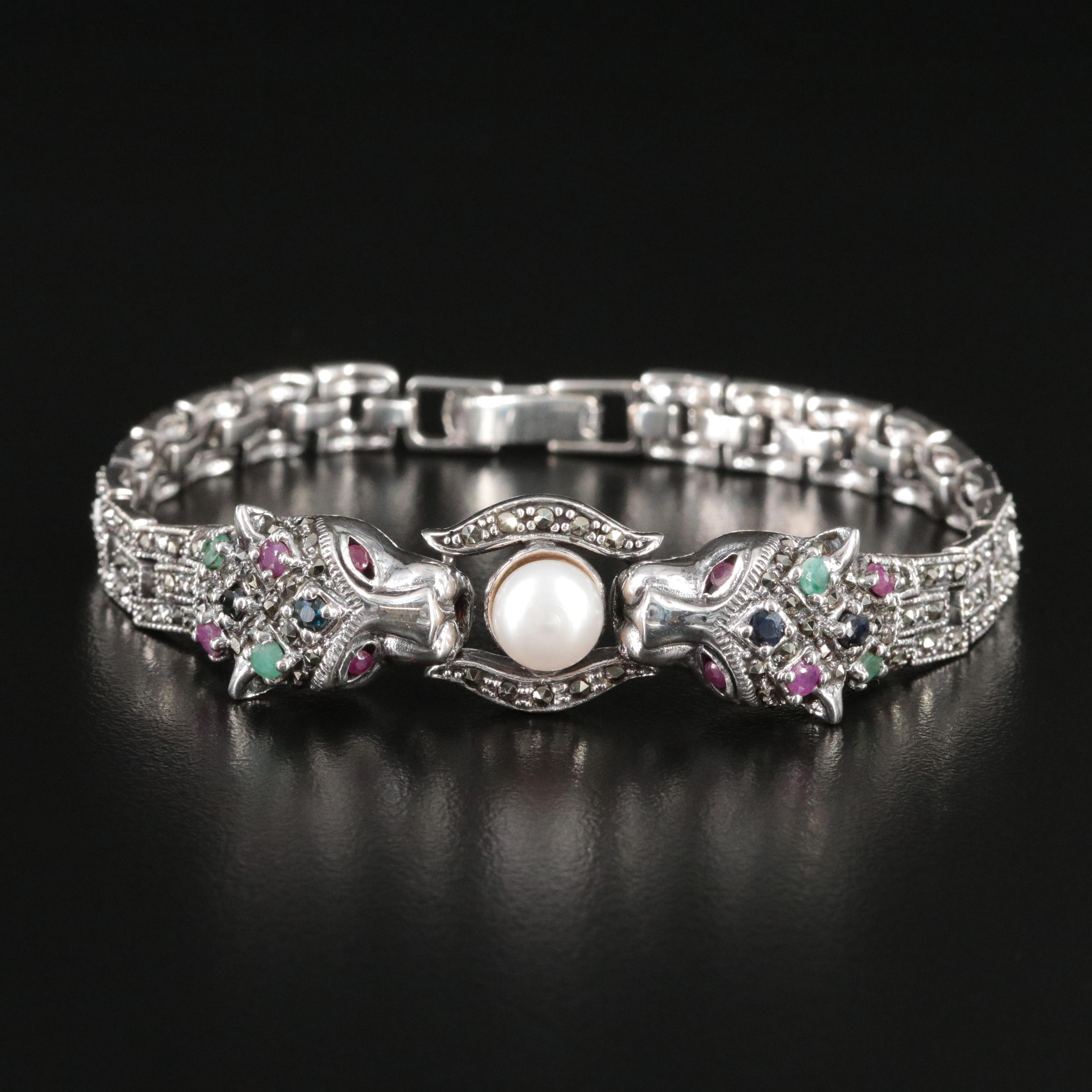 Sterling Gemstone Panther Head Bracelet