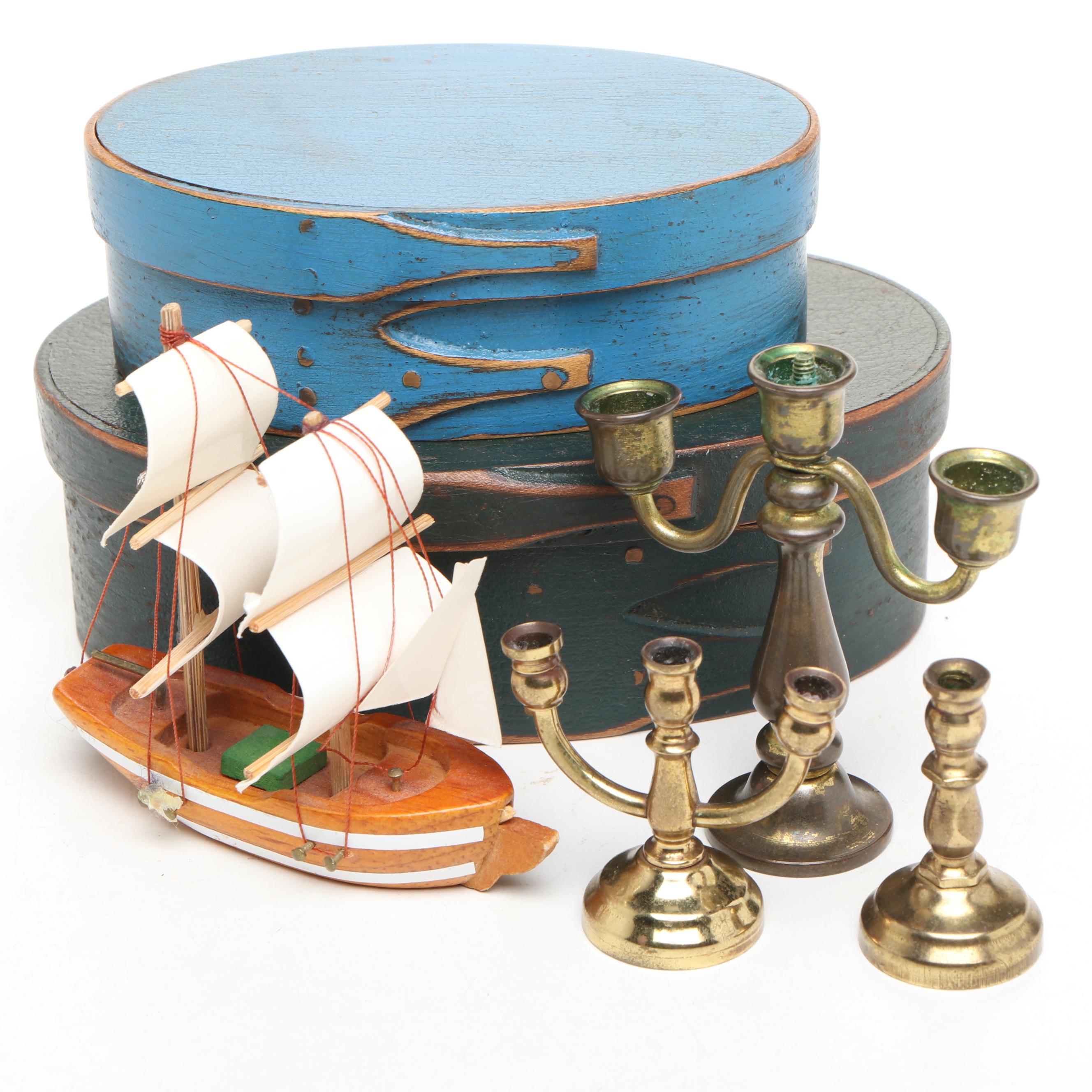 Miniature Brass Candelabras, Miniature Wood Boat, and Painted Wood Boxes