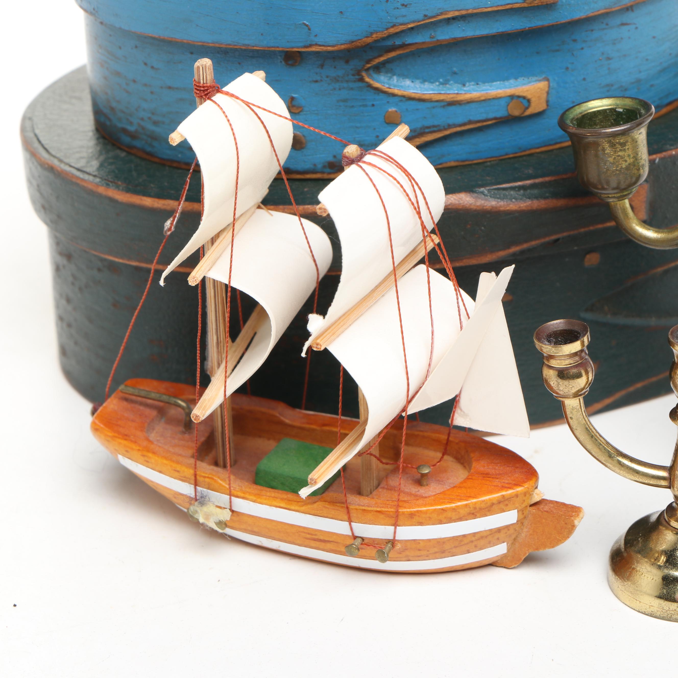 Miniature Brass Candelabras, Miniature Wood Boat, and Painted Wood Boxes