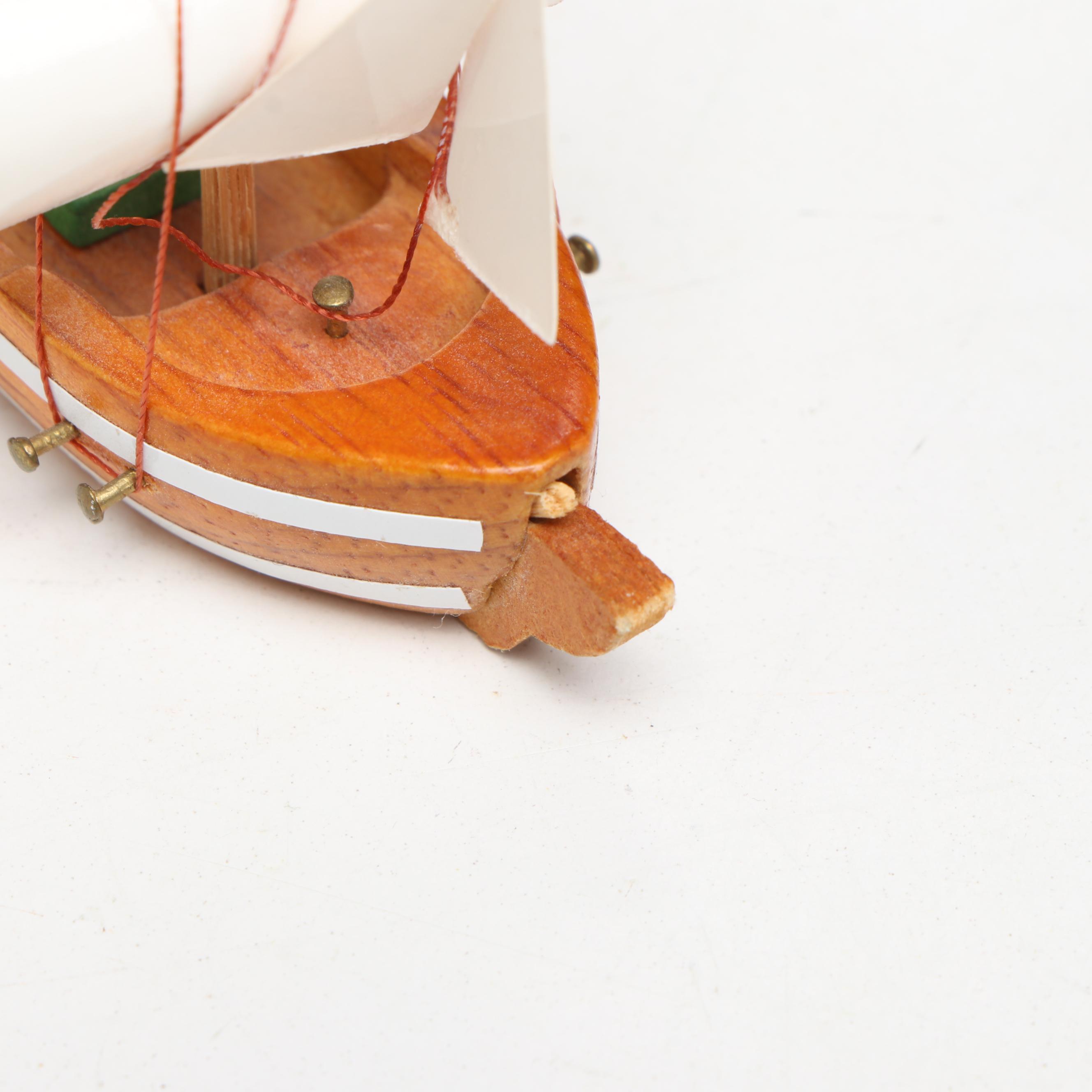 Miniature Brass Candelabras, Miniature Wood Boat, and Painted Wood Boxes