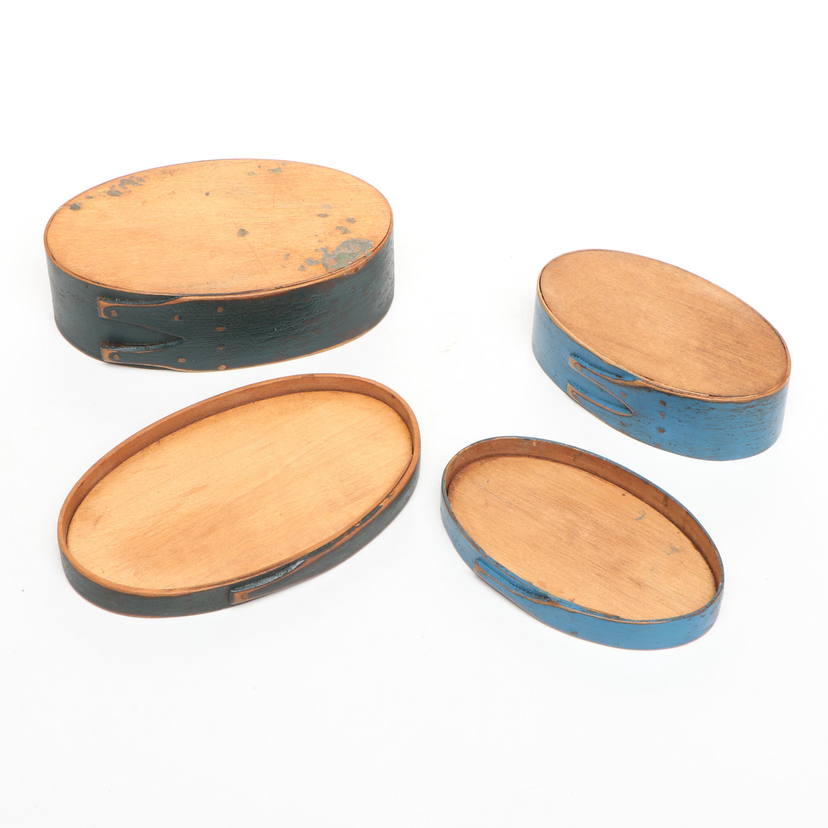 Miniature Brass Candelabras, Miniature Wood Boat, and Painted Wood Boxes