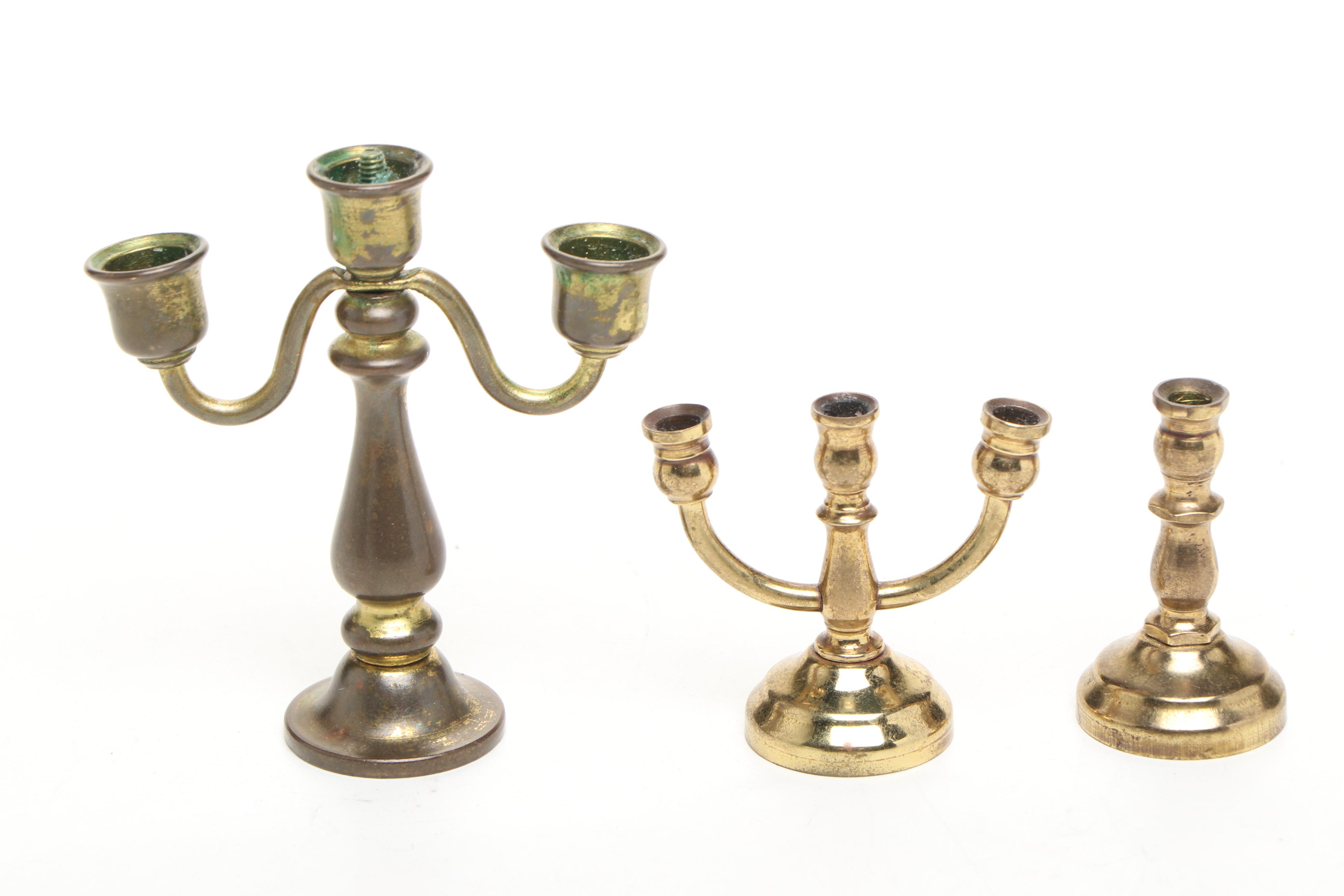 Miniature Brass Candelabras, Miniature Wood Boat, and Painted Wood Boxes