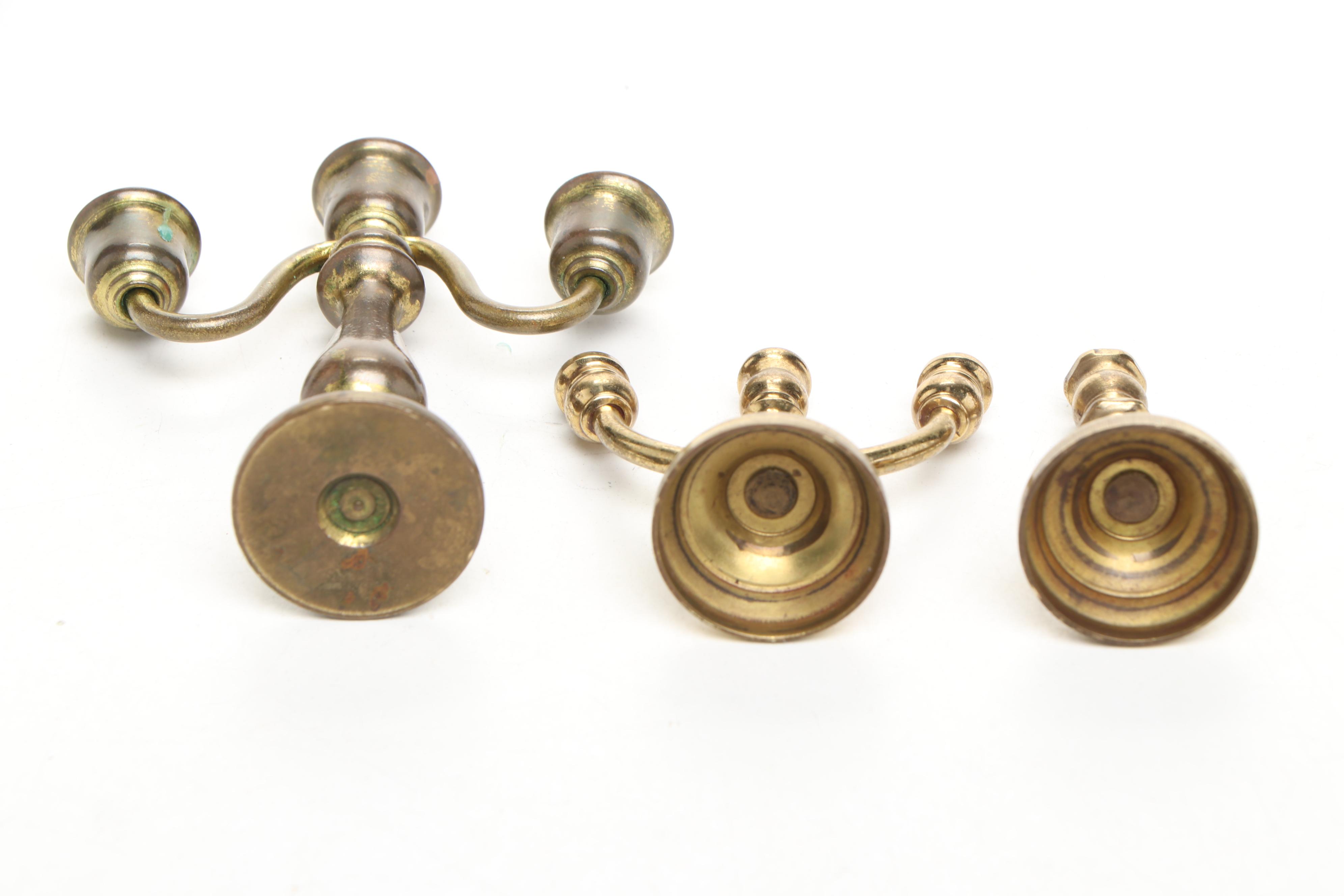 Miniature Brass Candelabras, Miniature Wood Boat, and Painted Wood Boxes