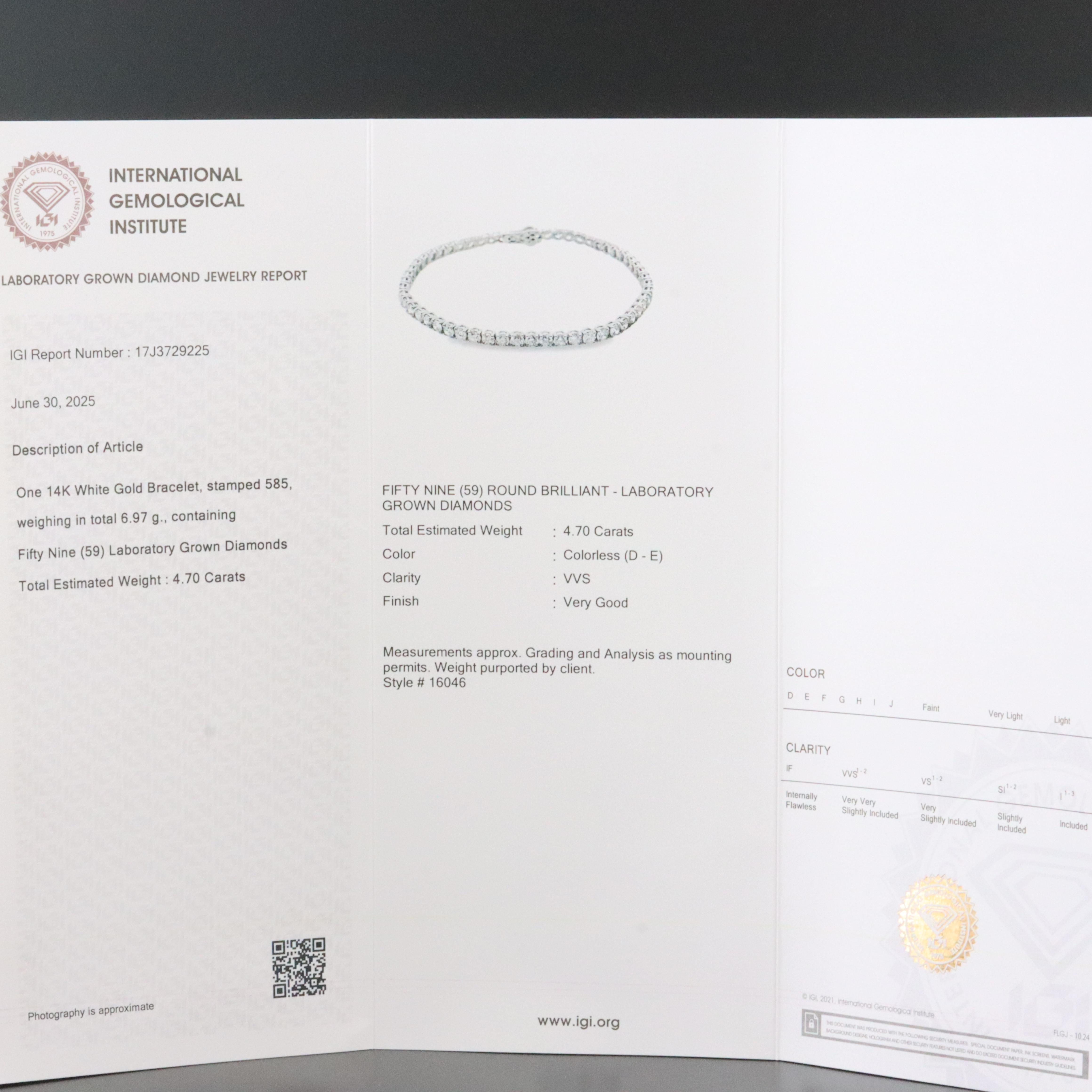 14K 4.70 CTW Lab Grown Diamond Bracelet with IGI Jewelry Report