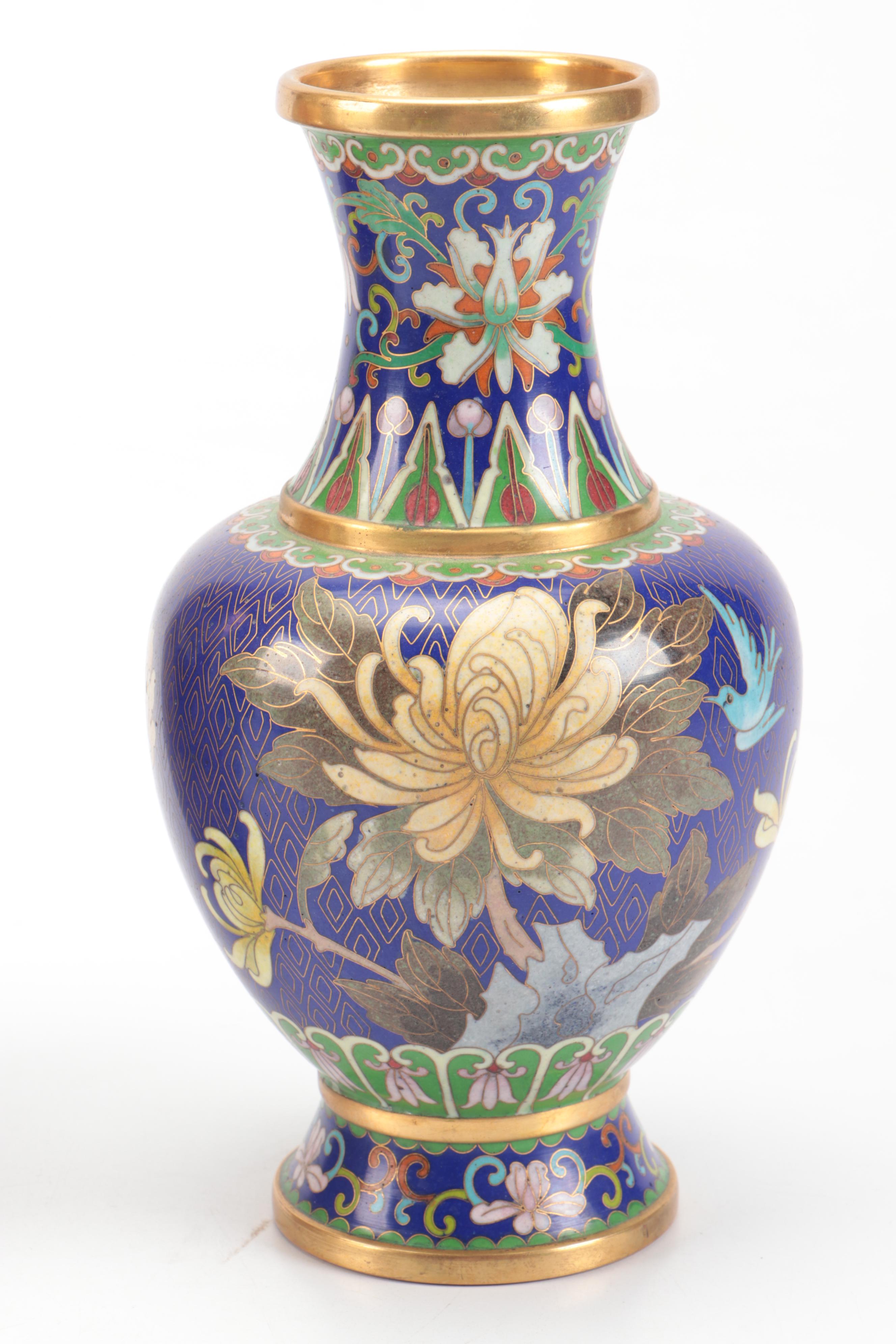Chinese Satsuma Style Ceramic Vase with Cloisonné Vase and Other Brass Décor