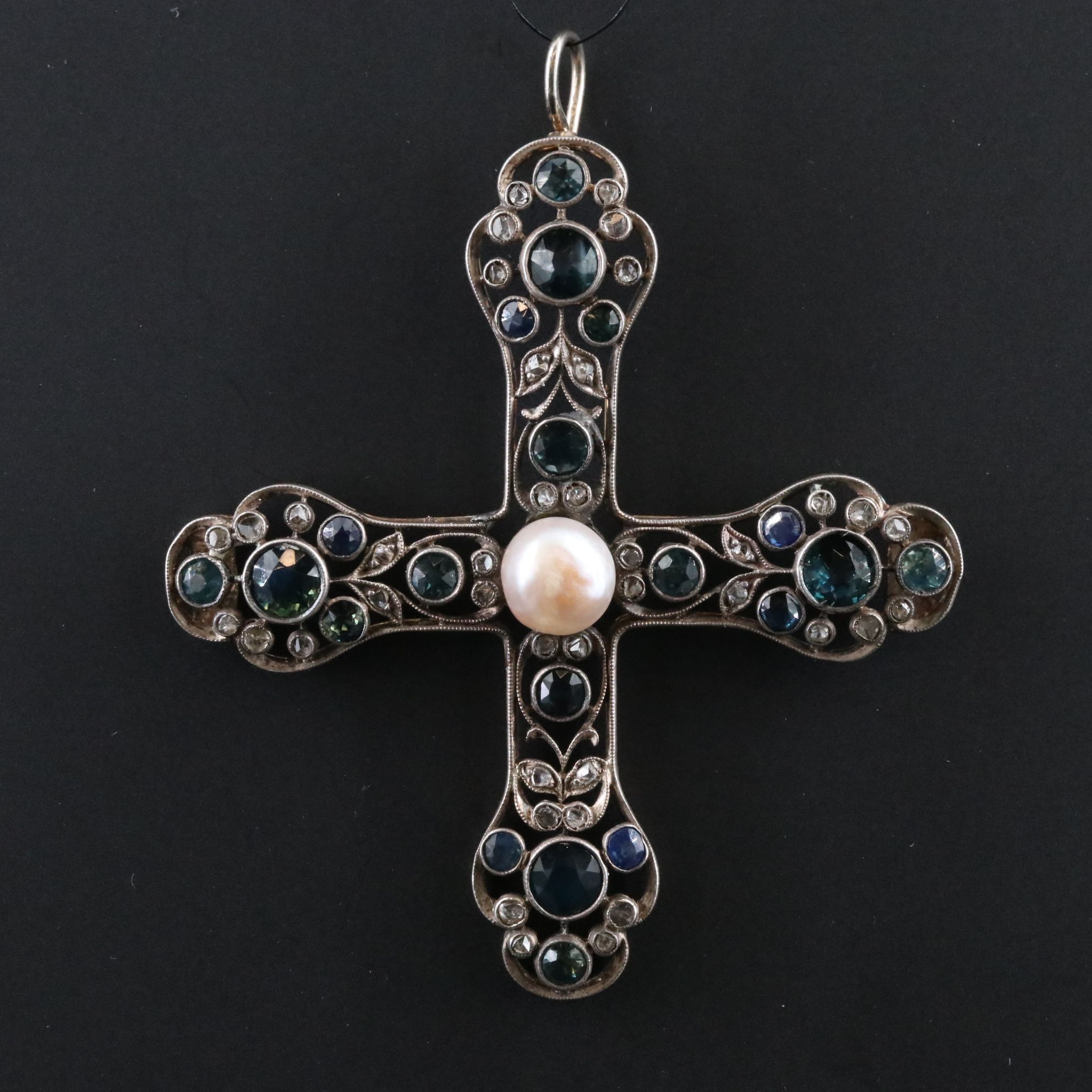 Early Victorian 14K and 800 Silver Sapphire, Diamond and Pearl Cross Pendant