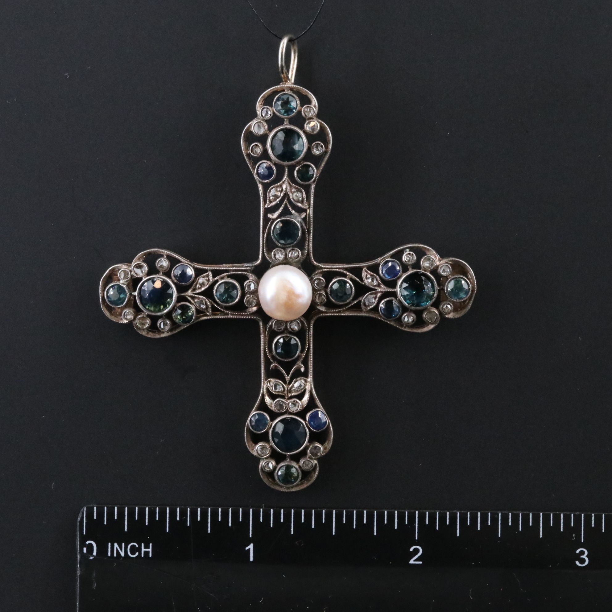 Early Victorian 14K and 800 Silver Sapphire, Diamond and Pearl Cross Pendant