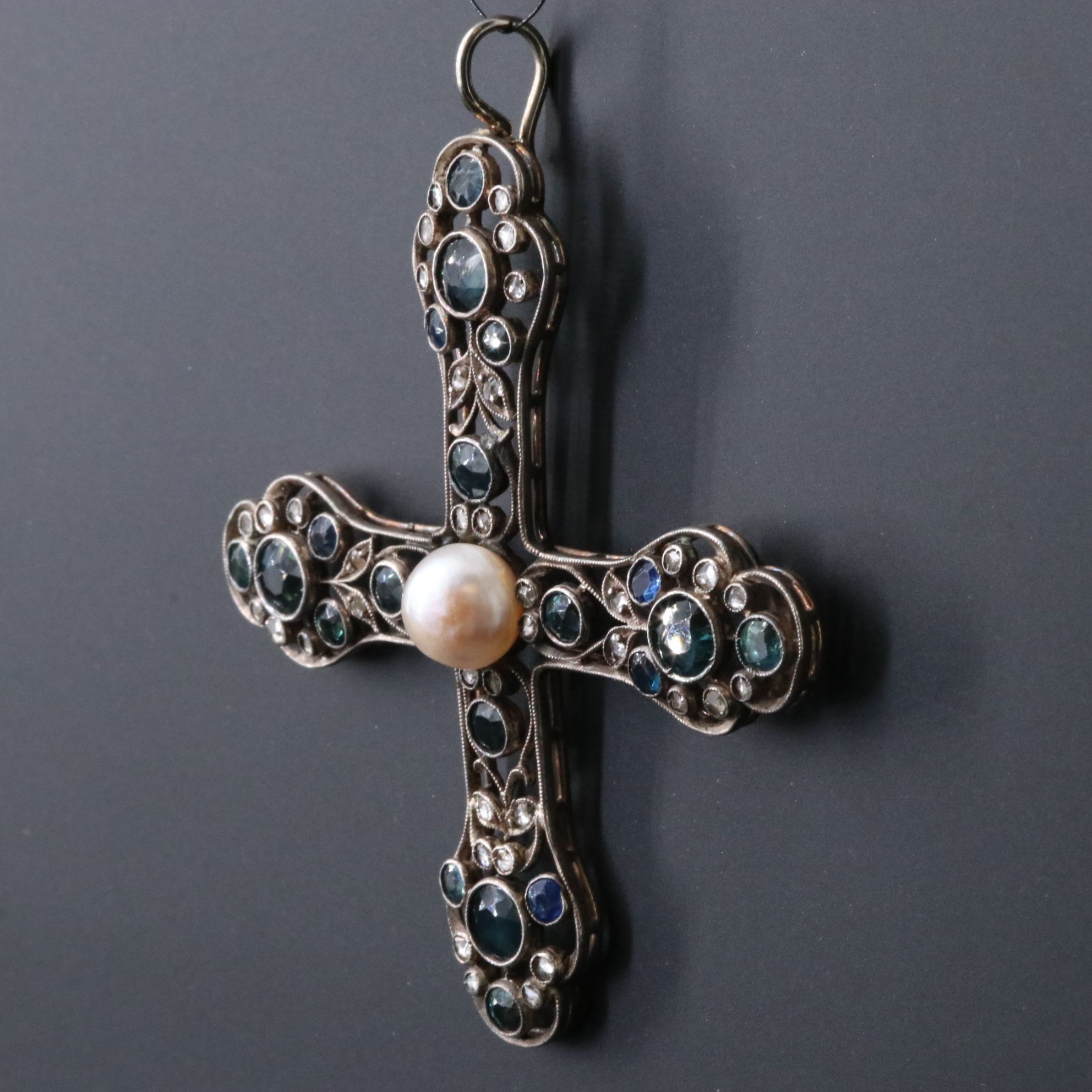 Early Victorian 14K and 800 Silver Sapphire, Diamond and Pearl Cross Pendant