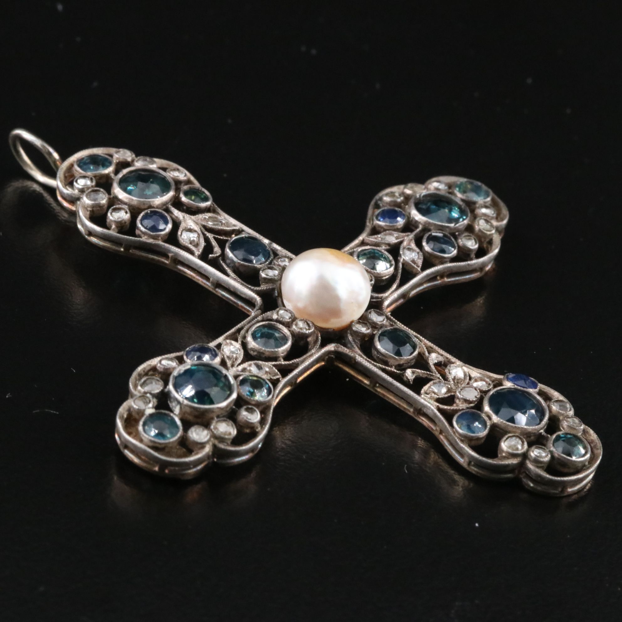Early Victorian 14K and 800 Silver Sapphire, Diamond and Pearl Cross Pendant