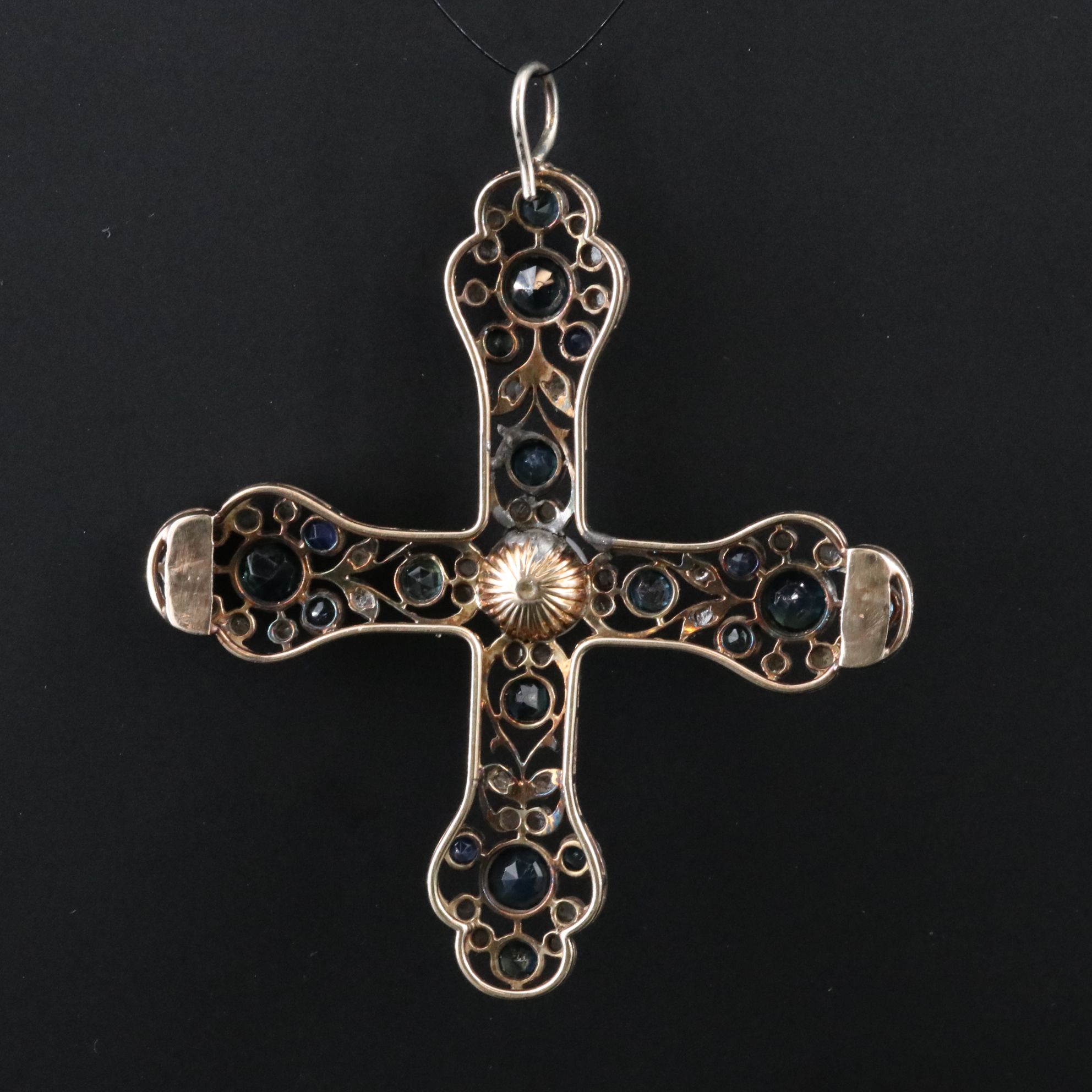 Early Victorian 14K and 800 Silver Sapphire, Diamond and Pearl Cross Pendant