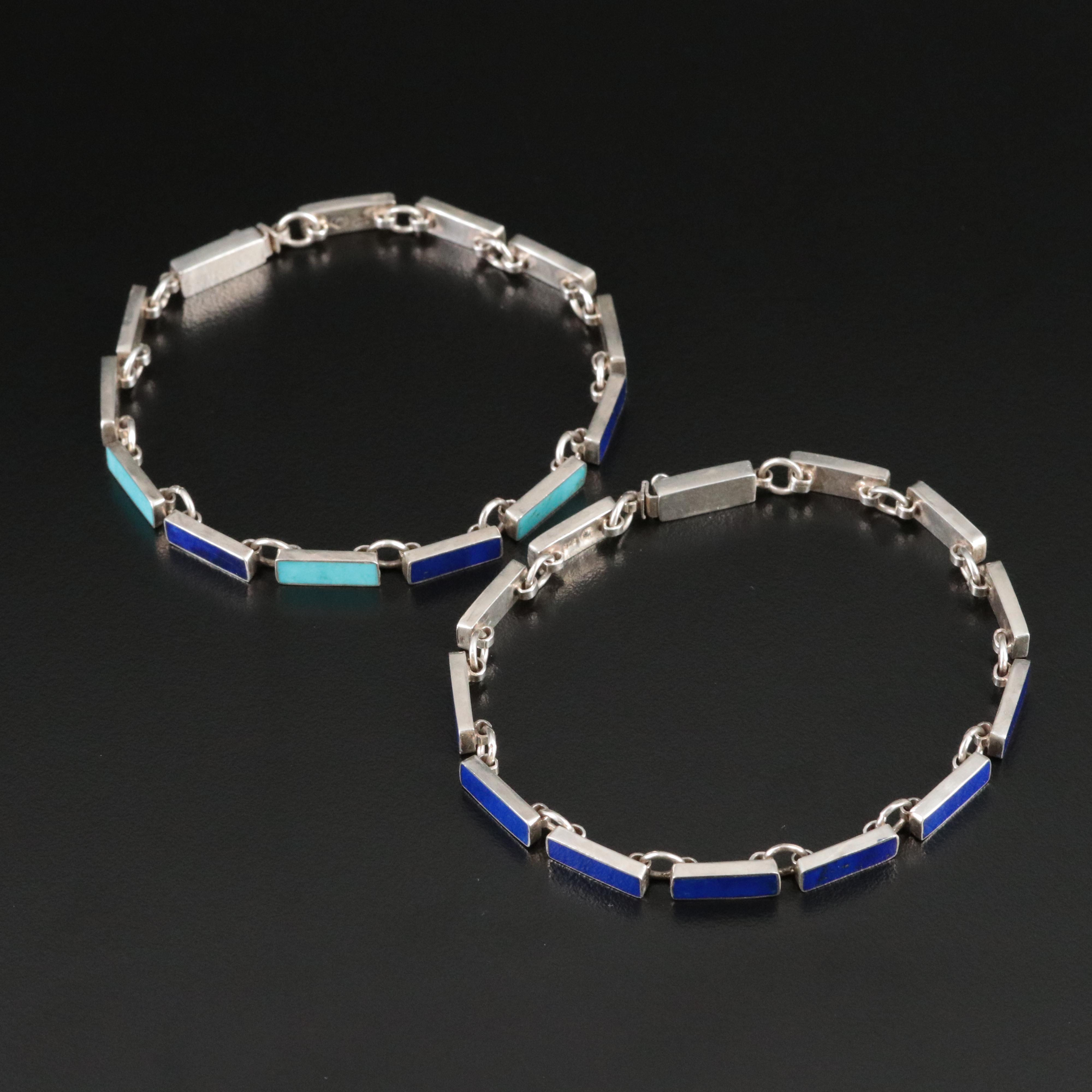 Sterling Lapis Lazuli and Turquoise  Bar Link Bracelets