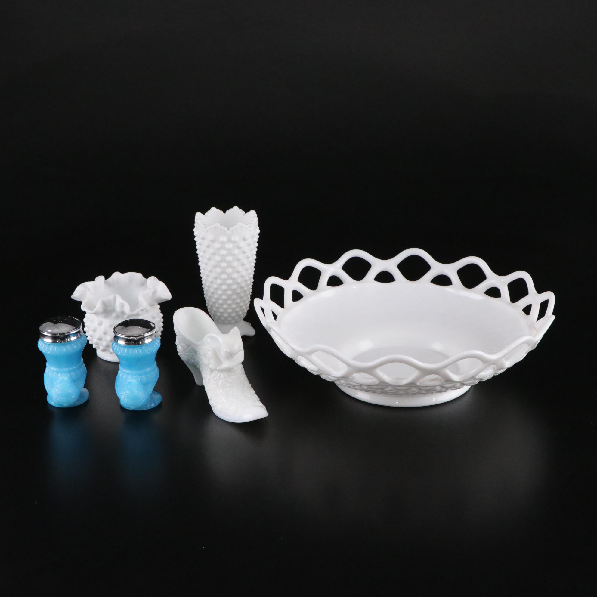 Boyd Blue Hen Glass Salt & Pepper Shakers, Lattice Trim Milk Glass Bowl and More