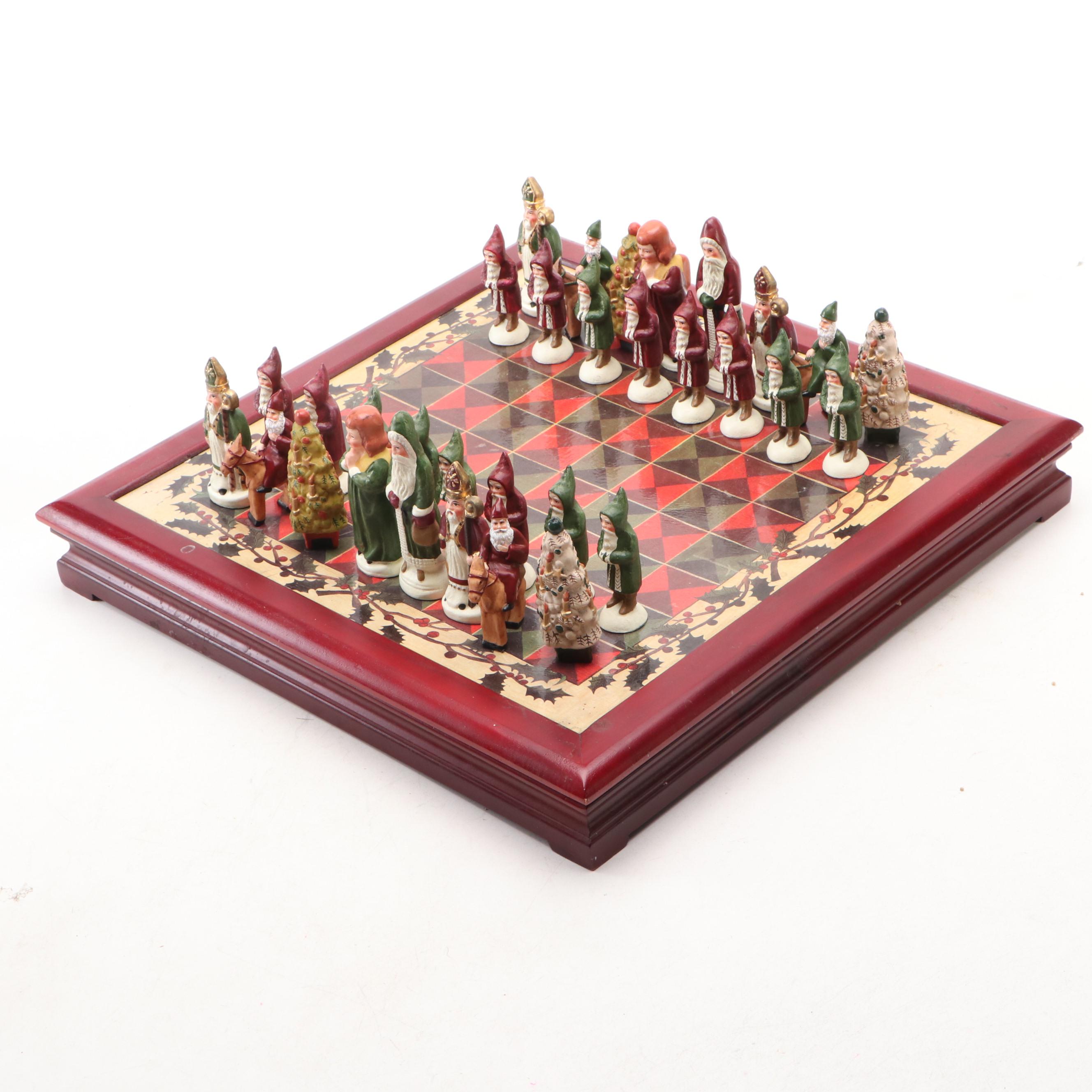 Christmas Themed Chess Set with Belsnickel Style and Other Figural Pieces