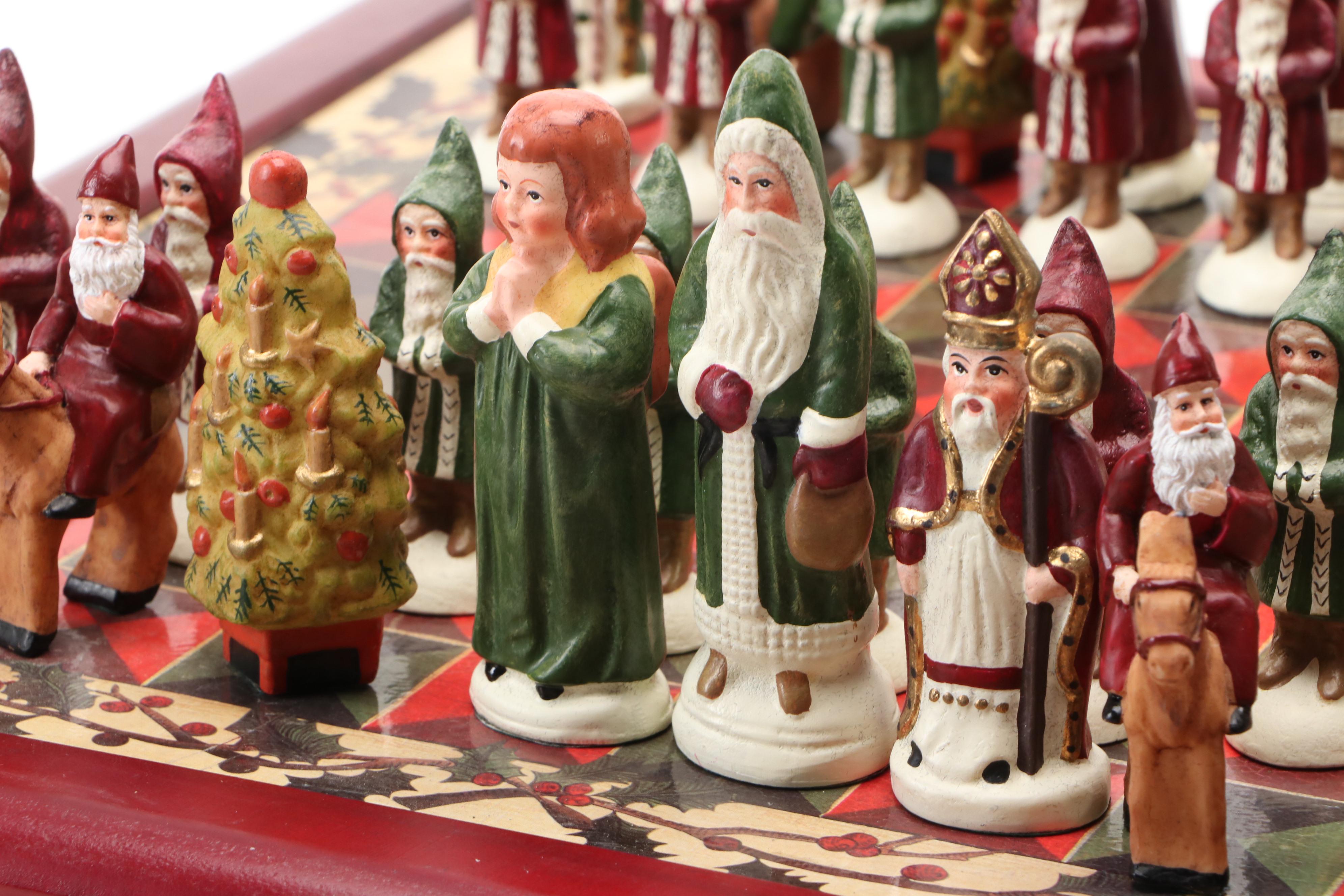 Christmas Themed Chess Set with Belsnickel Style and Other Figural Pieces