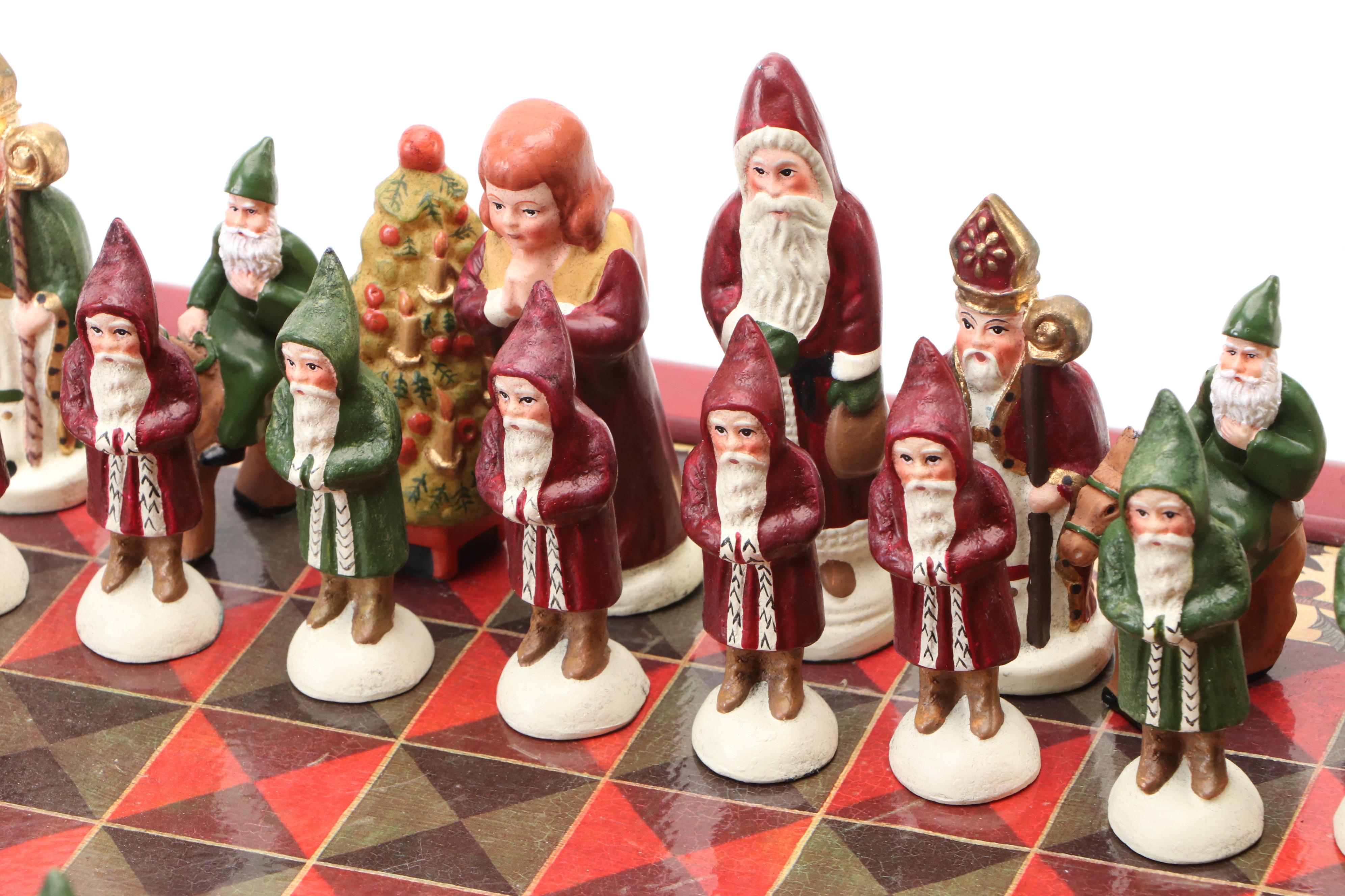 Christmas Themed Chess Set with Belsnickel Style and Other Figural Pieces