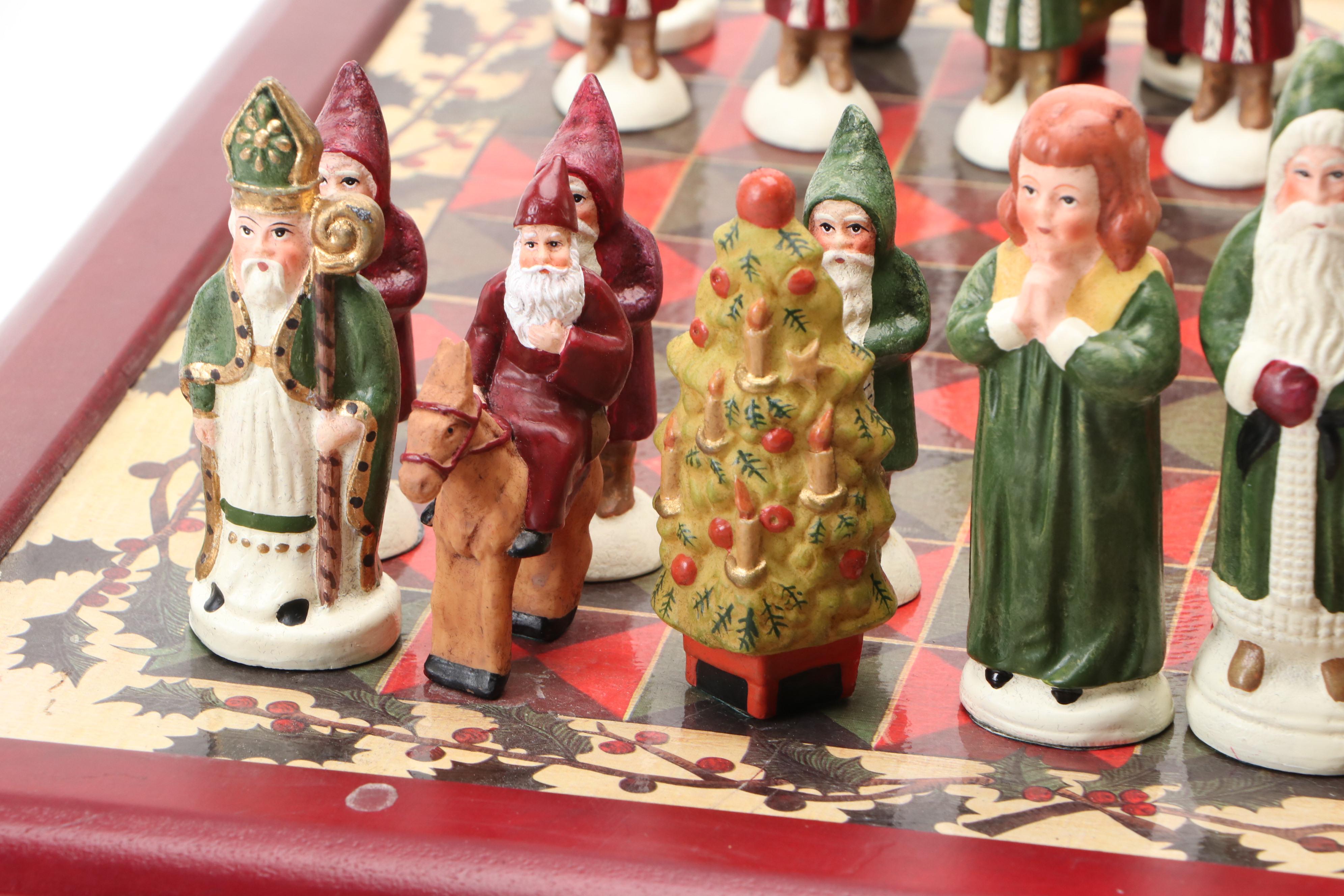Christmas Themed Chess Set with Belsnickel Style and Other Figural Pieces