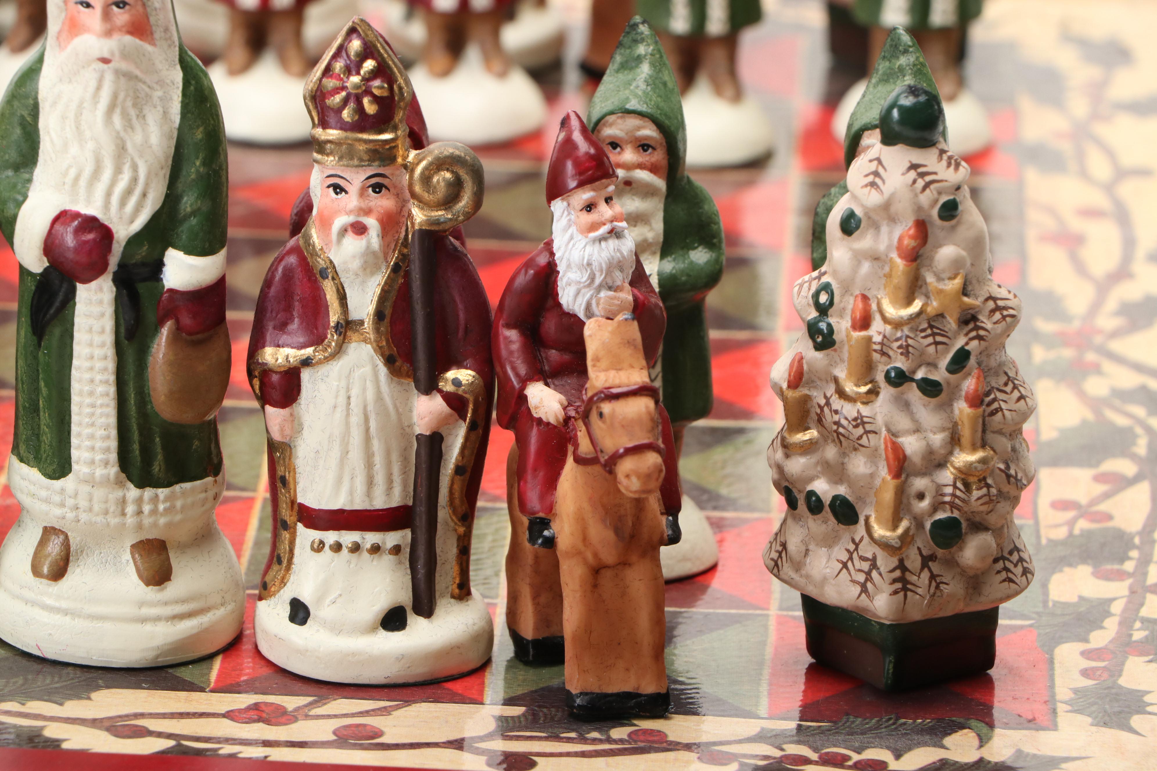 Christmas Themed Chess Set with Belsnickel Style and Other Figural Pieces