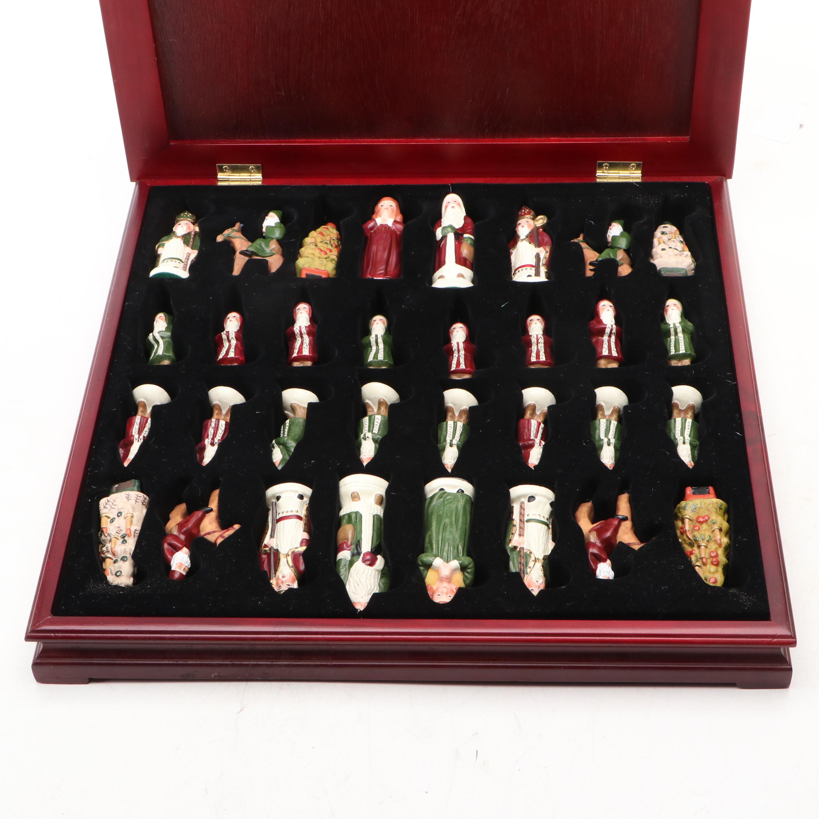 Christmas Themed Chess Set with Belsnickel Style and Other Figural Pieces