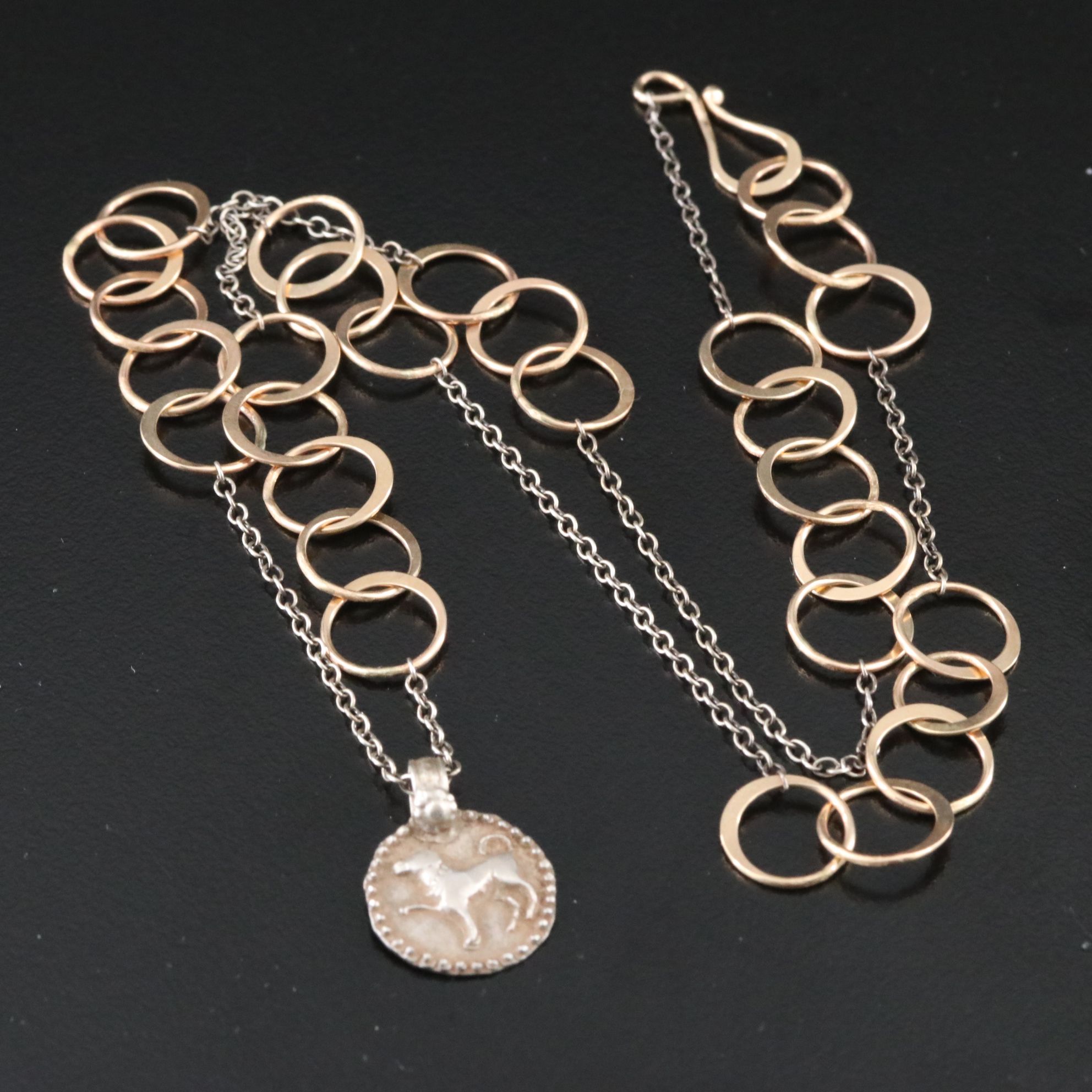 14K and 950 Silver Station Necklace with Dog Pendant