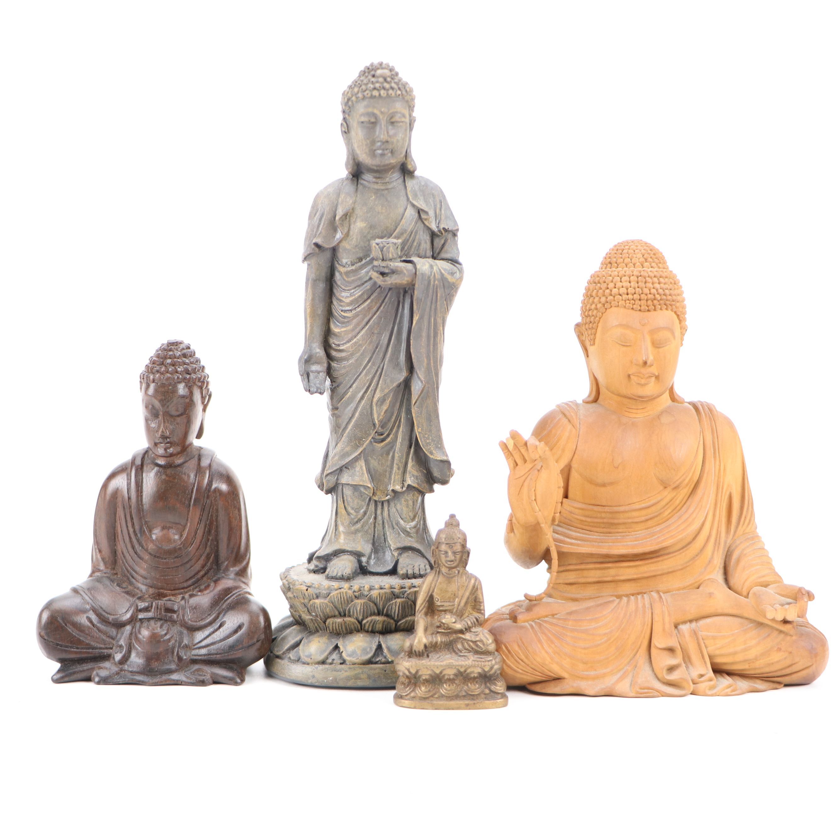 Southeast Asian Style Lotus Base and Other Seated Brass and Wood Buddhas