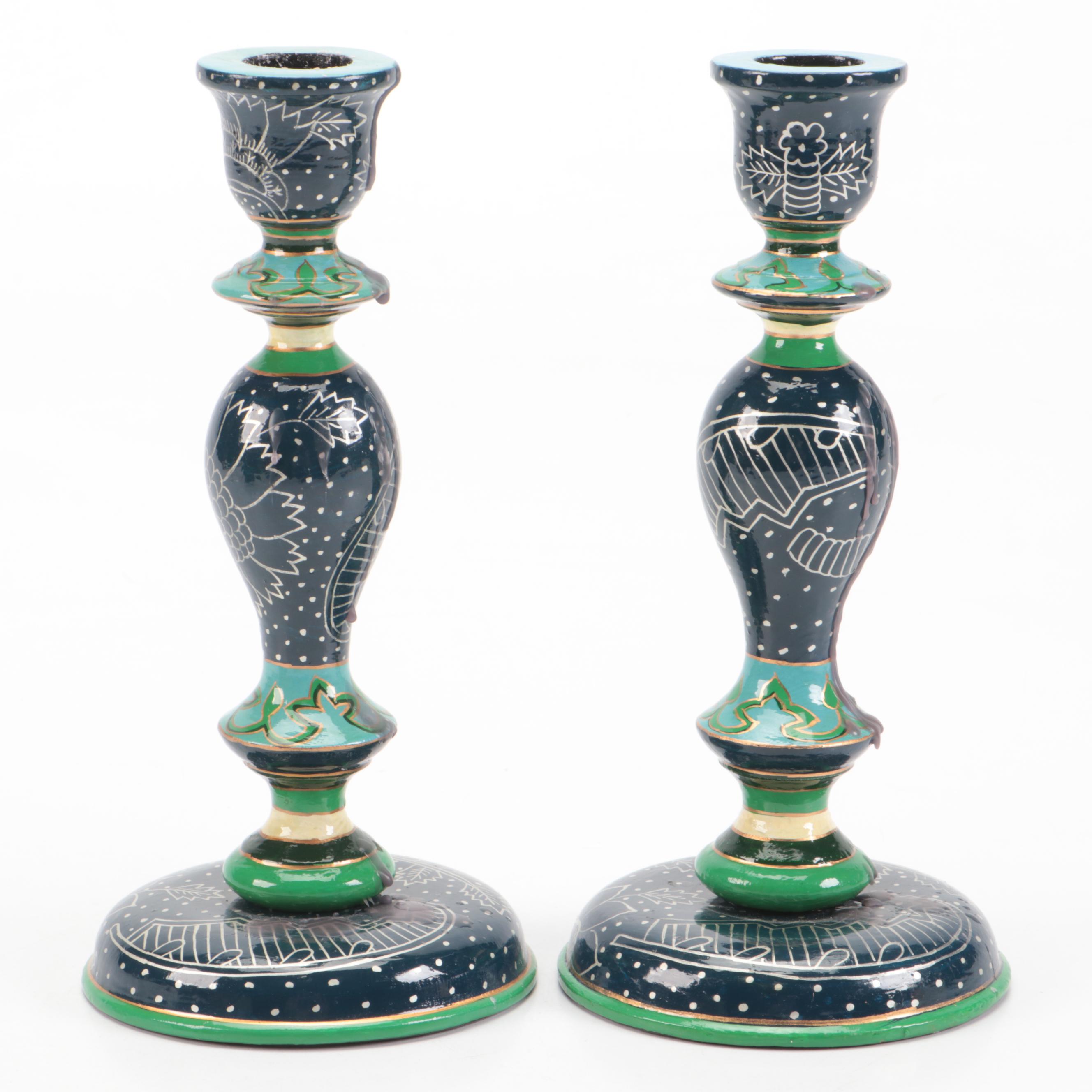 Blue and Green Floral Wood Candlesticks with Salt Glazed Stoneware Vase