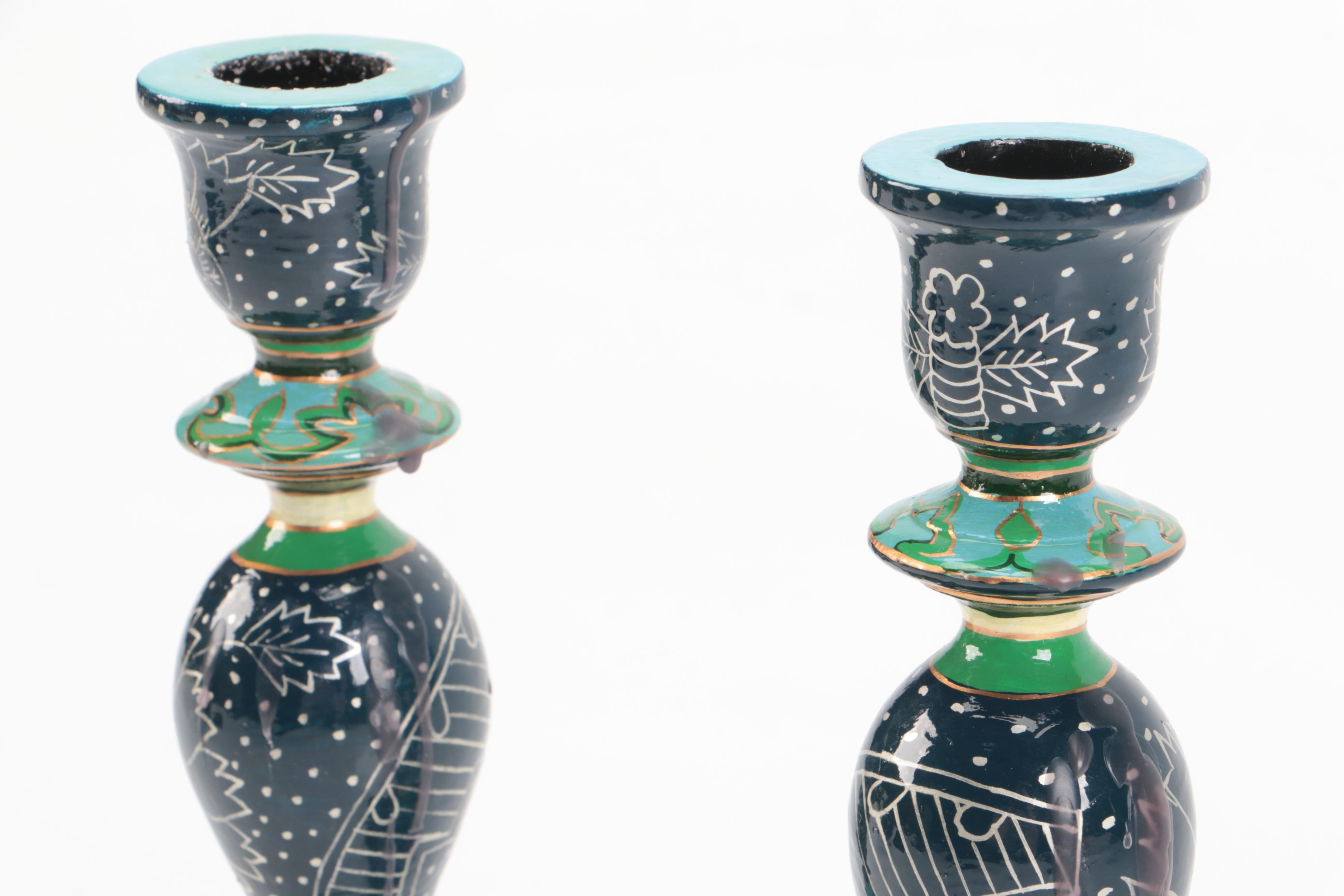 Blue and Green Floral Wood Candlesticks with Salt Glazed Stoneware Vase