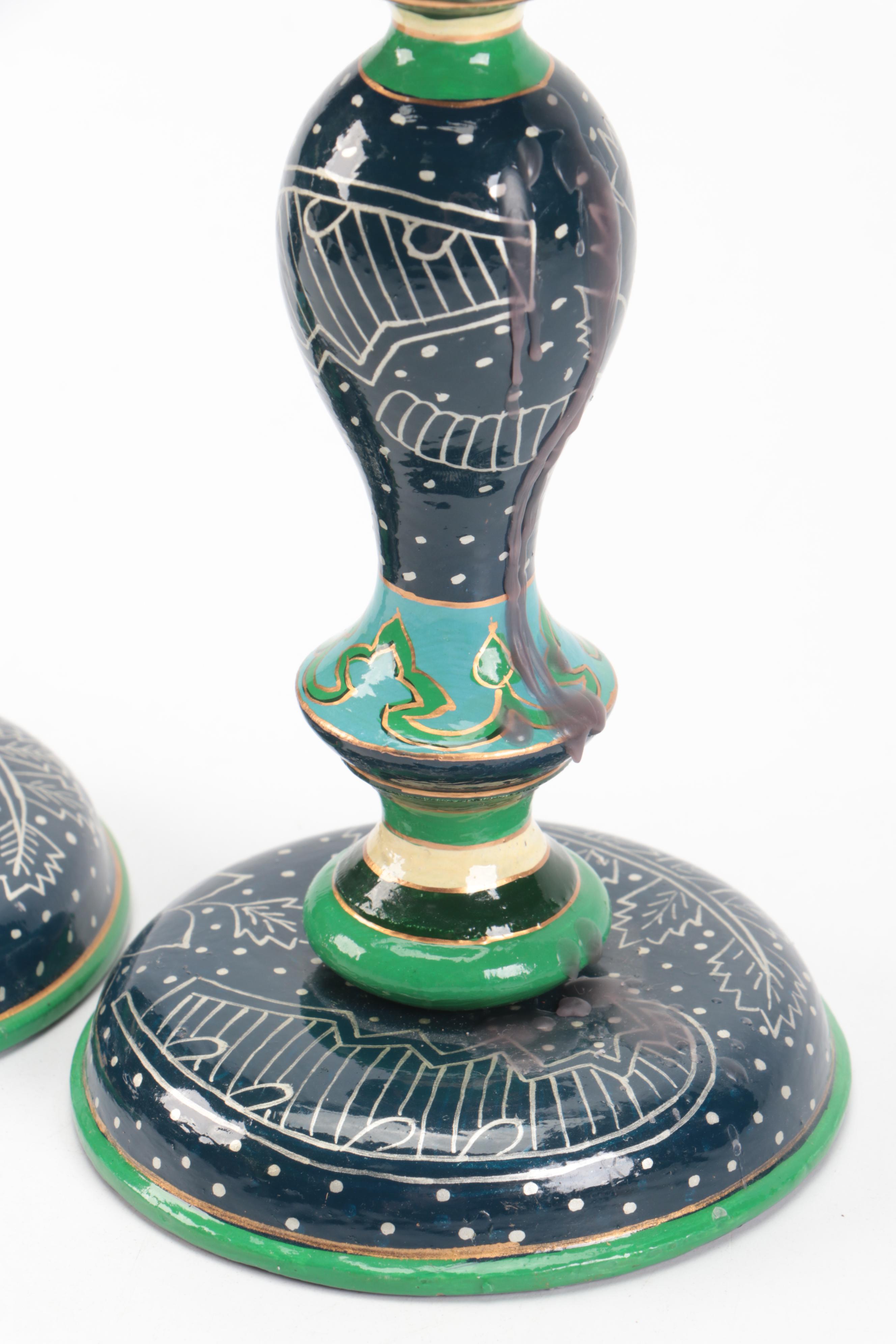 Blue and Green Floral Wood Candlesticks with Salt Glazed Stoneware Vase