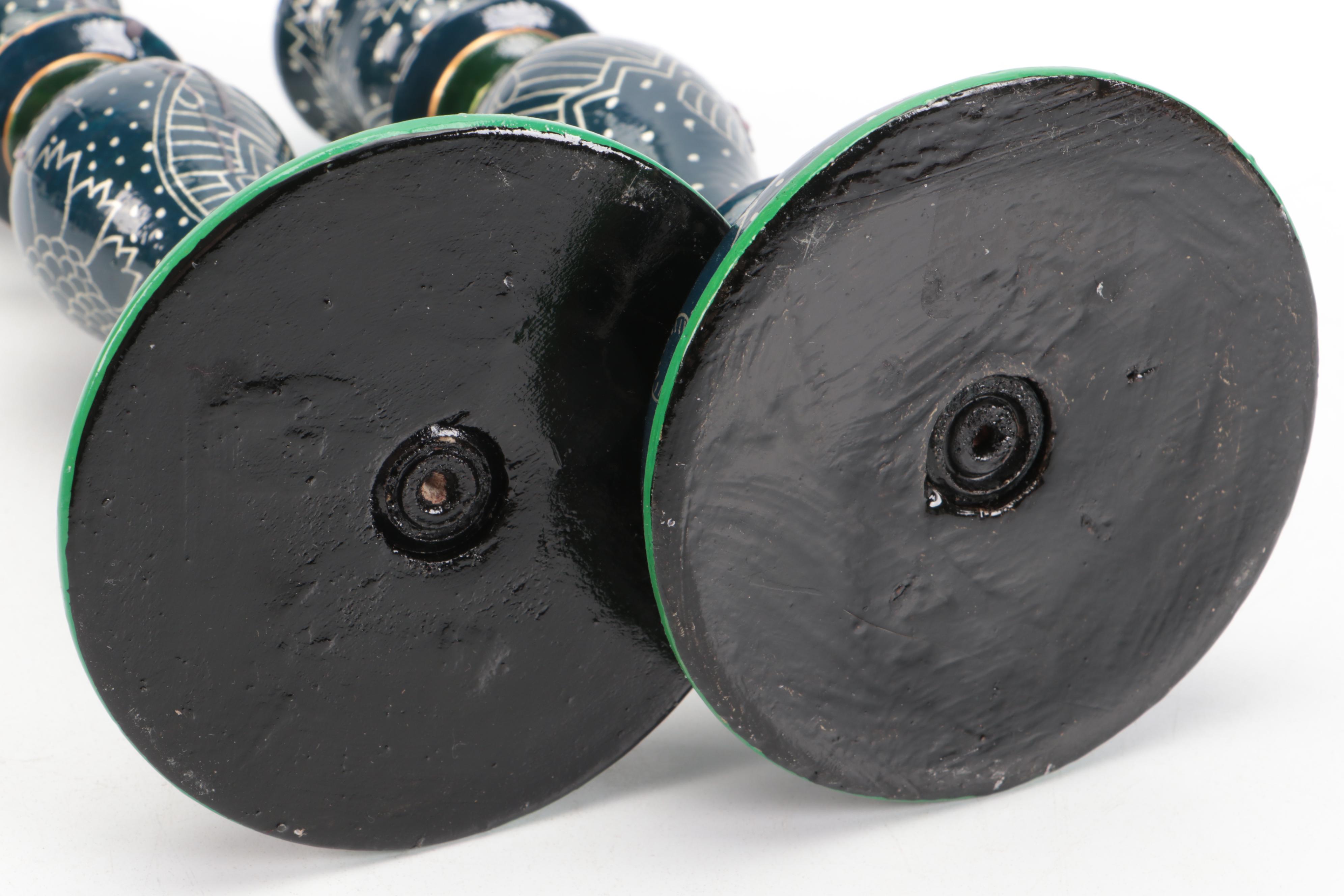 Blue and Green Floral Wood Candlesticks with Salt Glazed Stoneware Vase