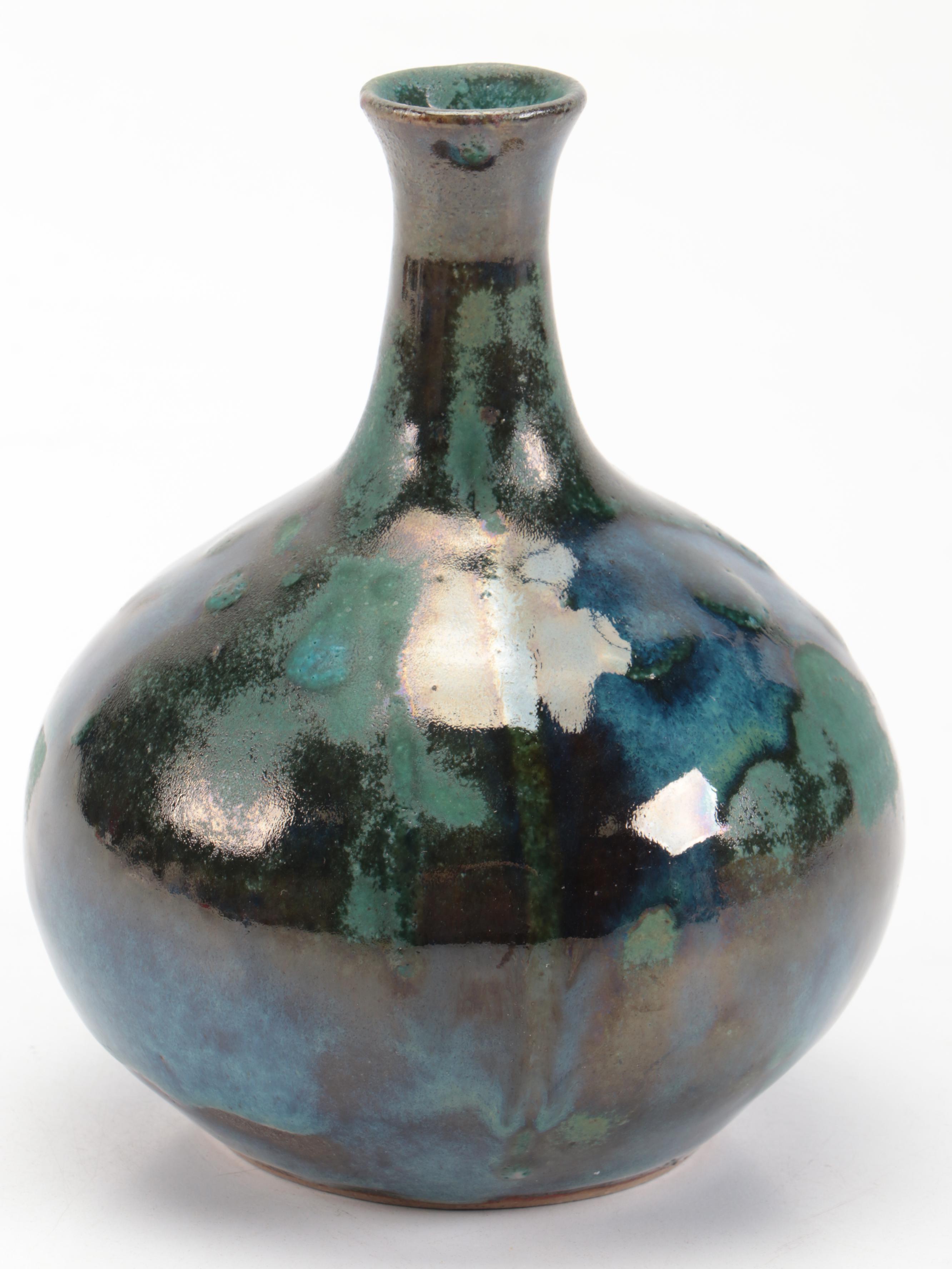 Blue and Green Floral Wood Candlesticks with Salt Glazed Stoneware Vase