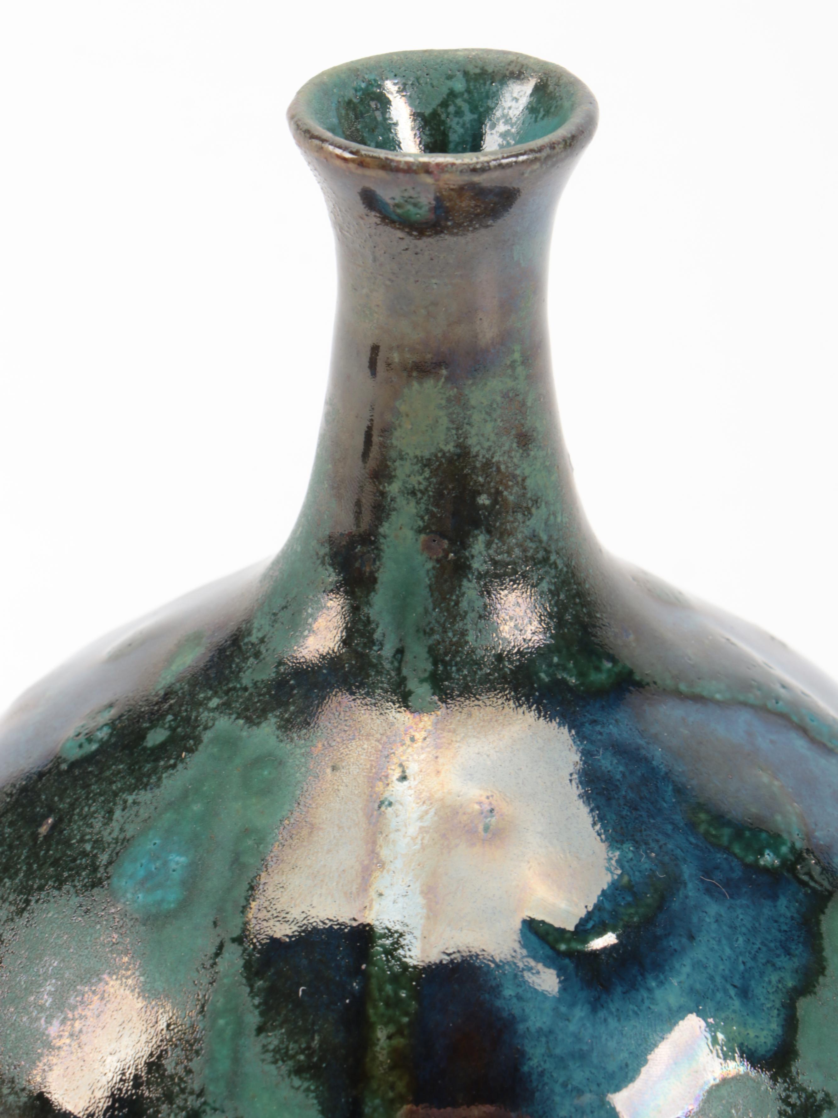 Blue and Green Floral Wood Candlesticks with Salt Glazed Stoneware Vase