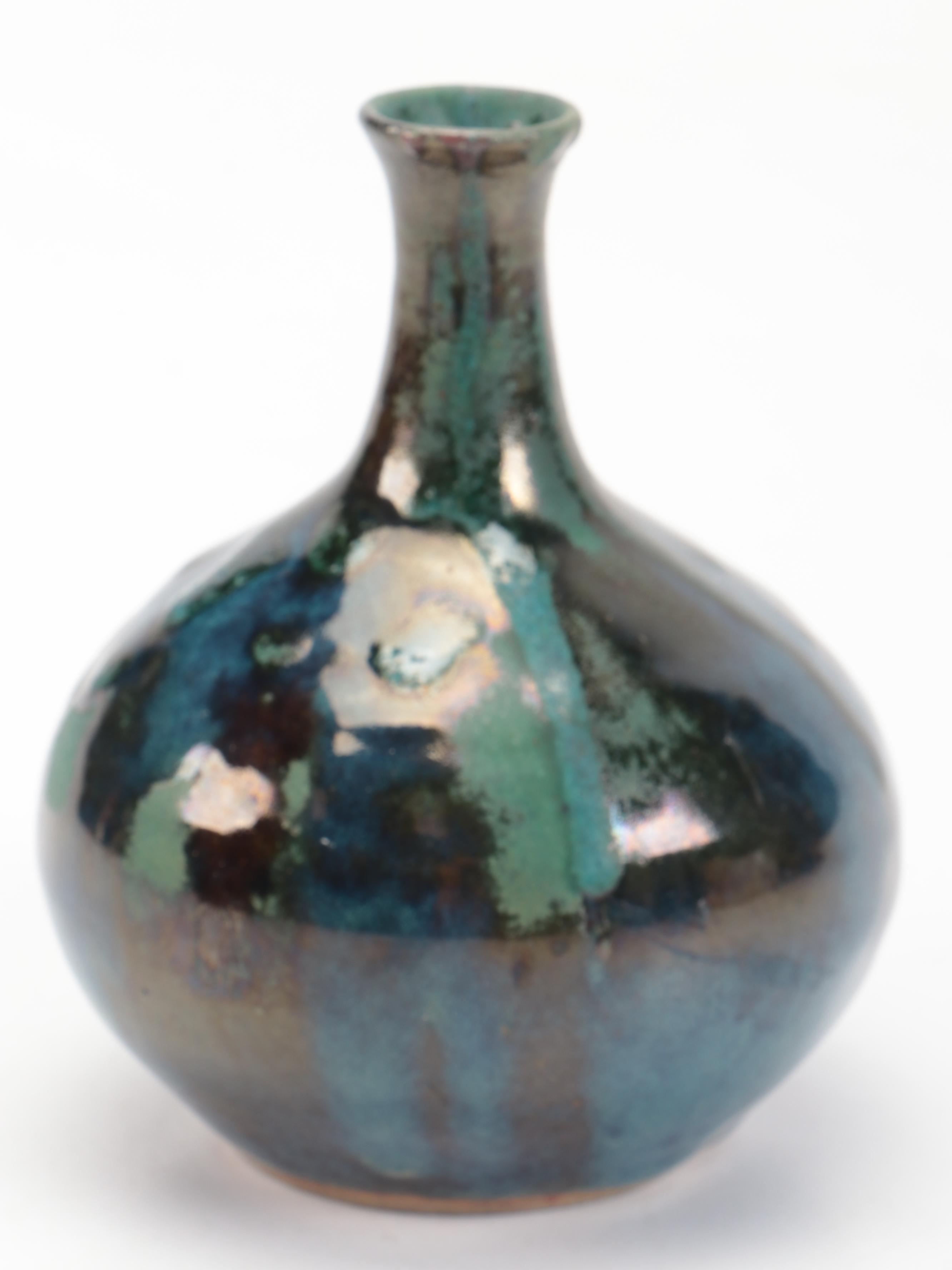 Blue and Green Floral Wood Candlesticks with Salt Glazed Stoneware Vase