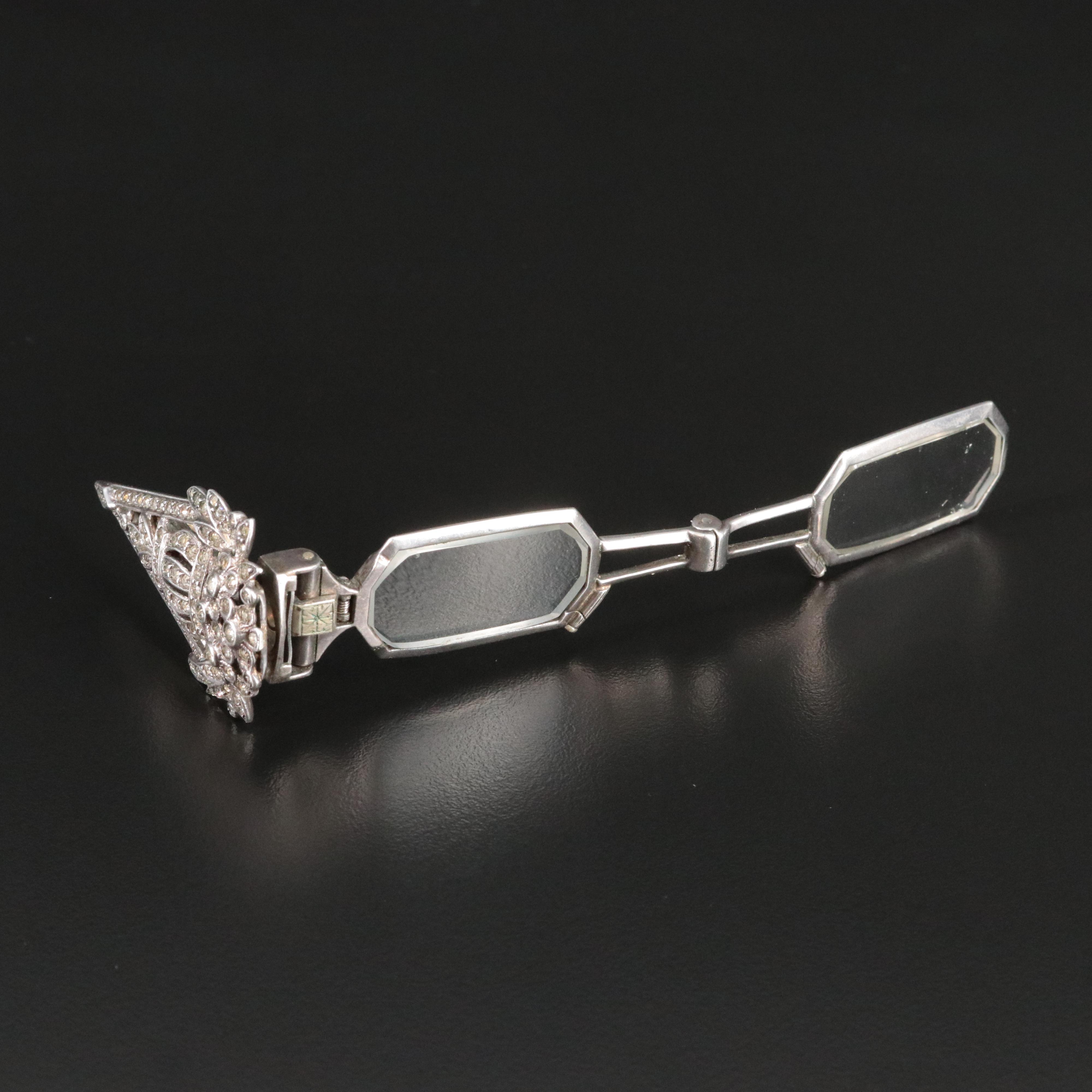 Vintage Sterling Glass Paste Floral Lorgnette Dress Clip