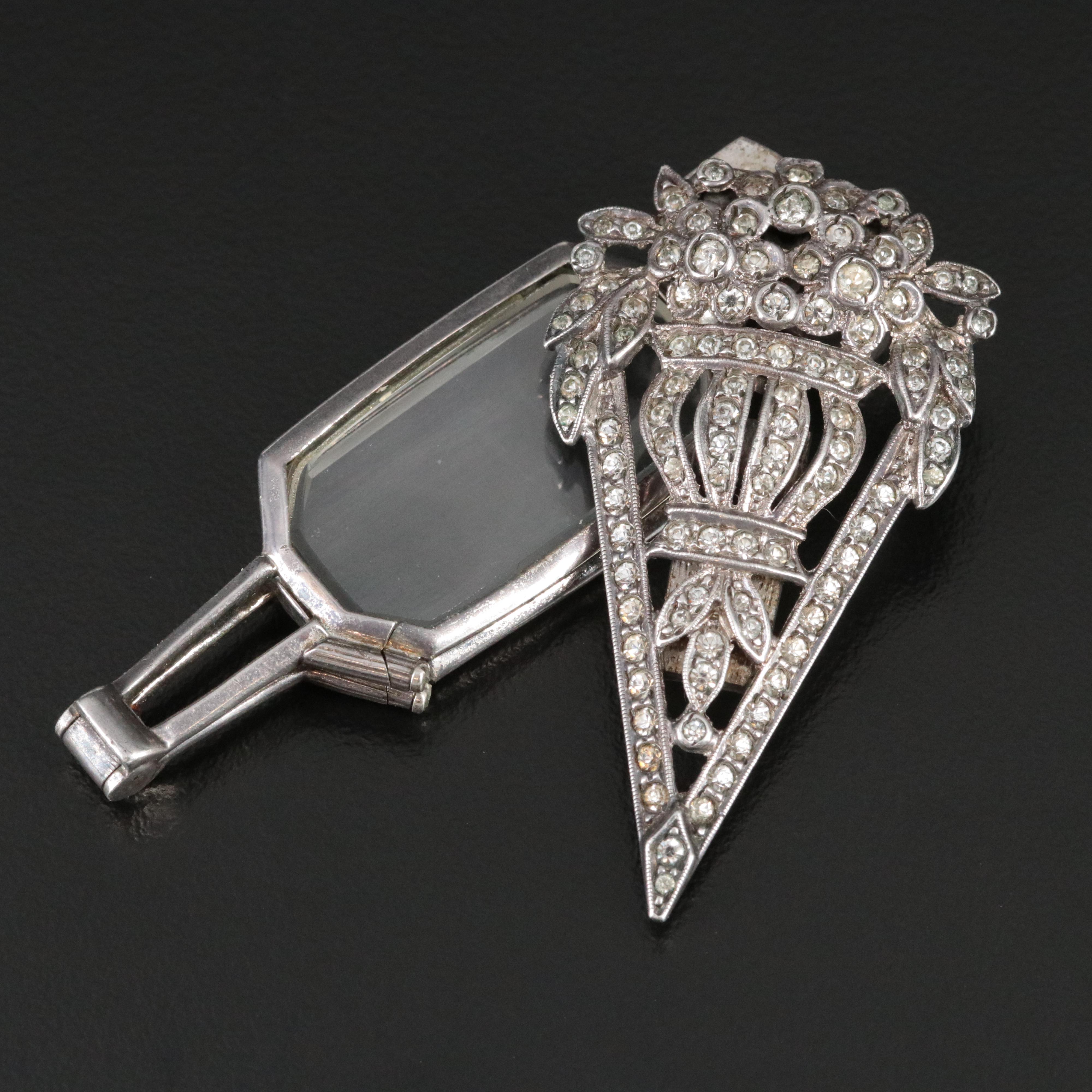Vintage Sterling Glass Paste Floral Lorgnette Dress Clip