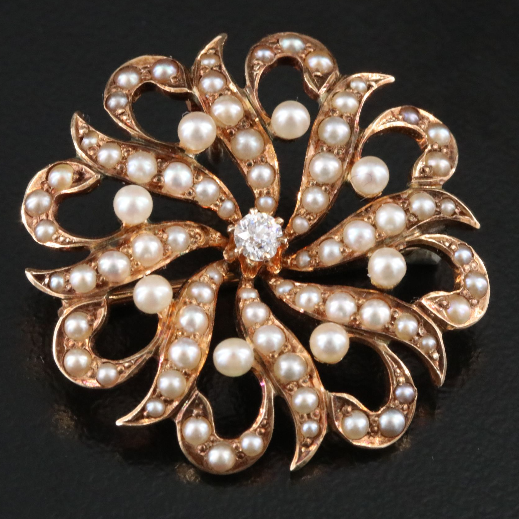 Early 1900s 14K Diamond and Seed Pearl Spiral Brooch