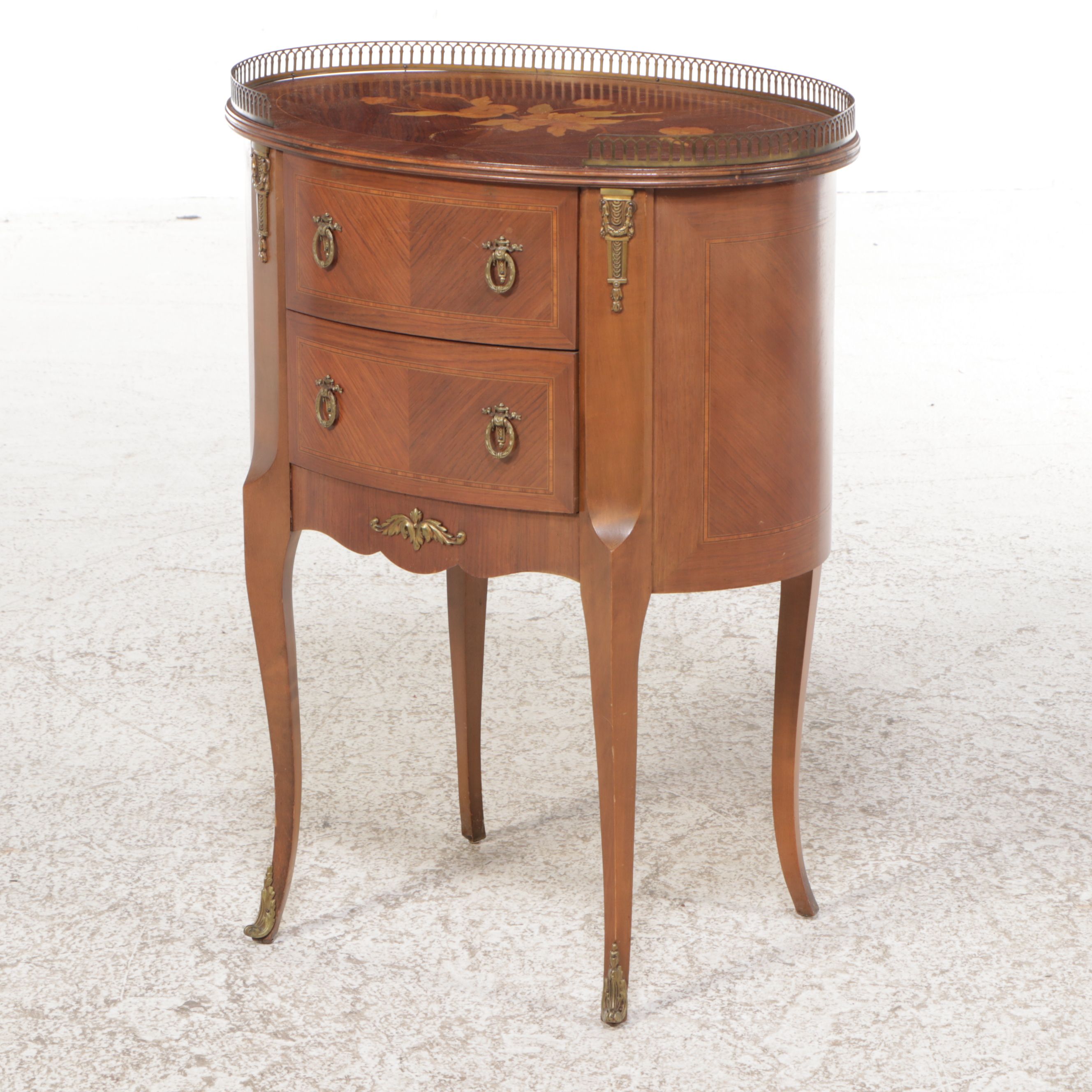 Pair of Louis XV Style Gallery Top and Marquetry Inlaid Fruitwood Nightstands