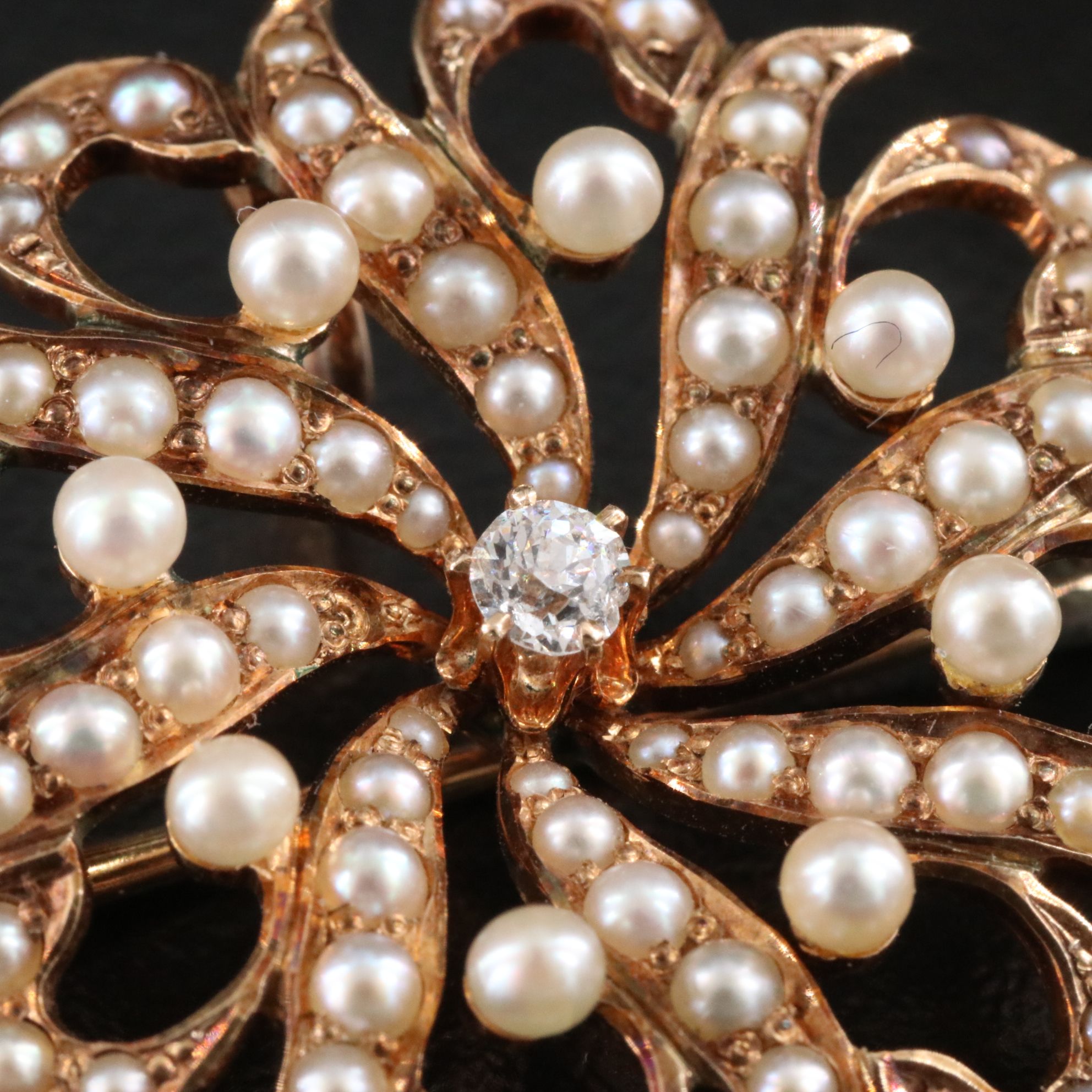 Early 1900s 14K Diamond and Seed Pearl Spiral Brooch