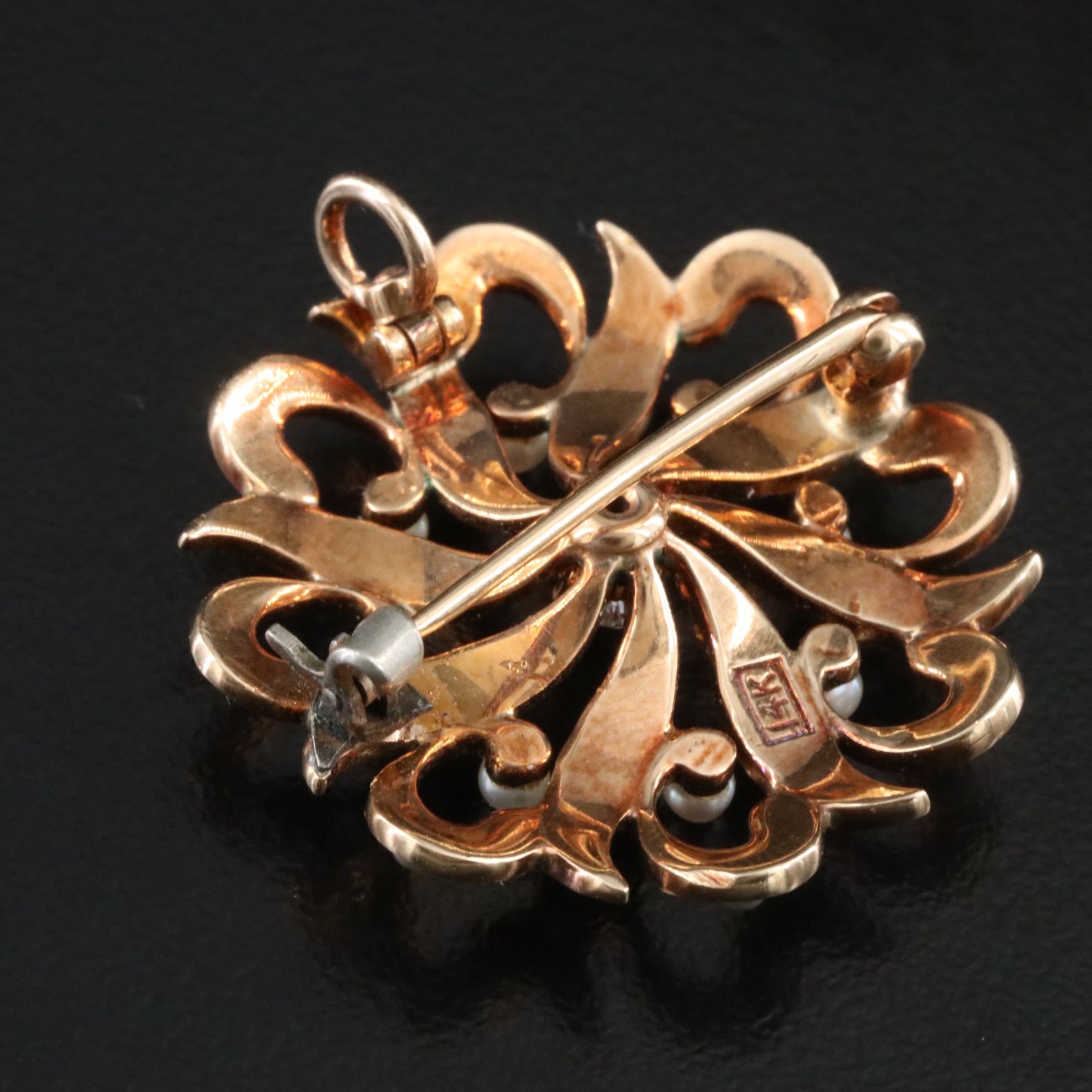 Early 1900s 14K Diamond and Seed Pearl Spiral Brooch