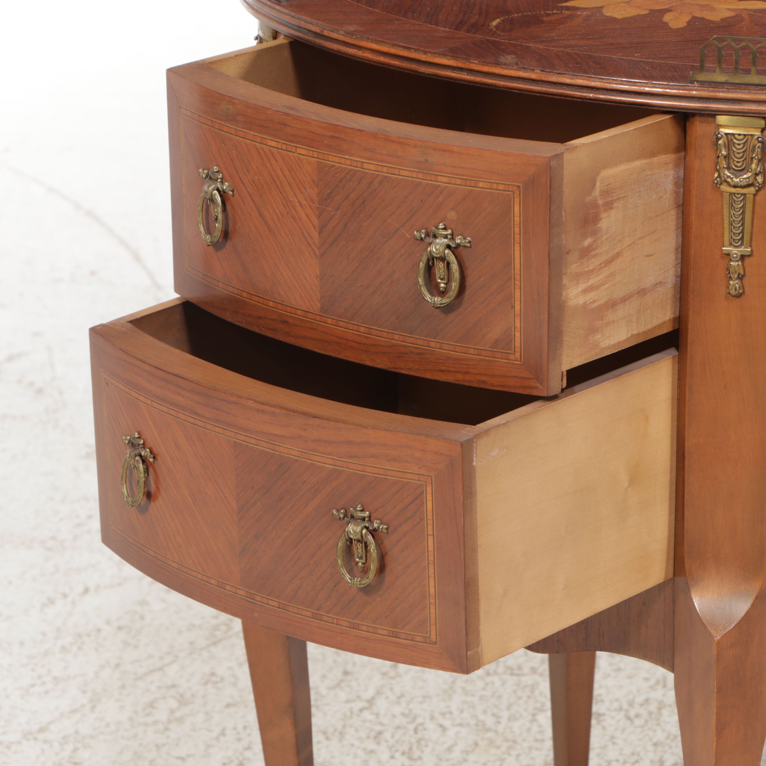 Pair of Louis XV Style Gallery Top and Marquetry Inlaid Fruitwood Nightstands