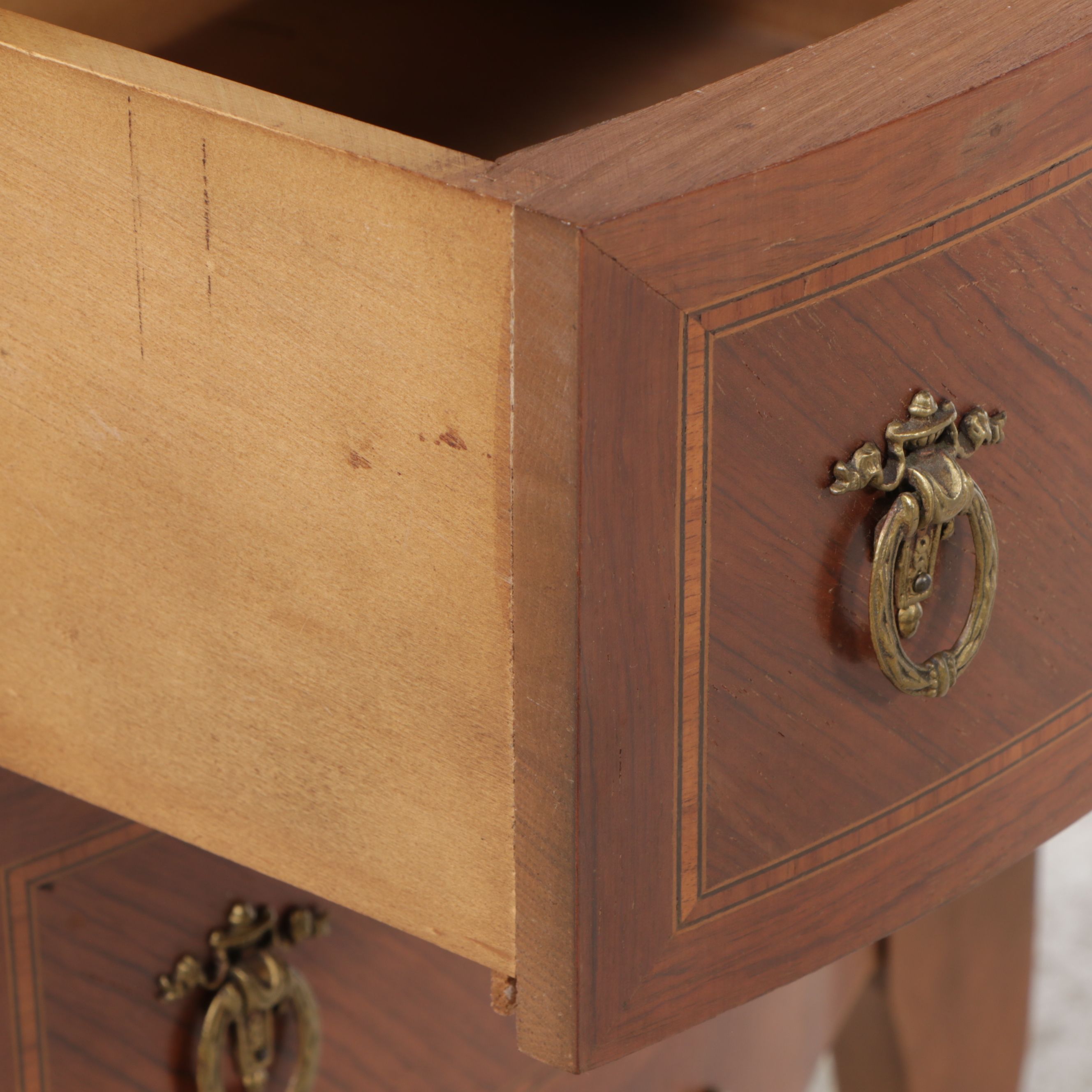 Pair of Louis XV Style Gallery Top and Marquetry Inlaid Fruitwood Nightstands
