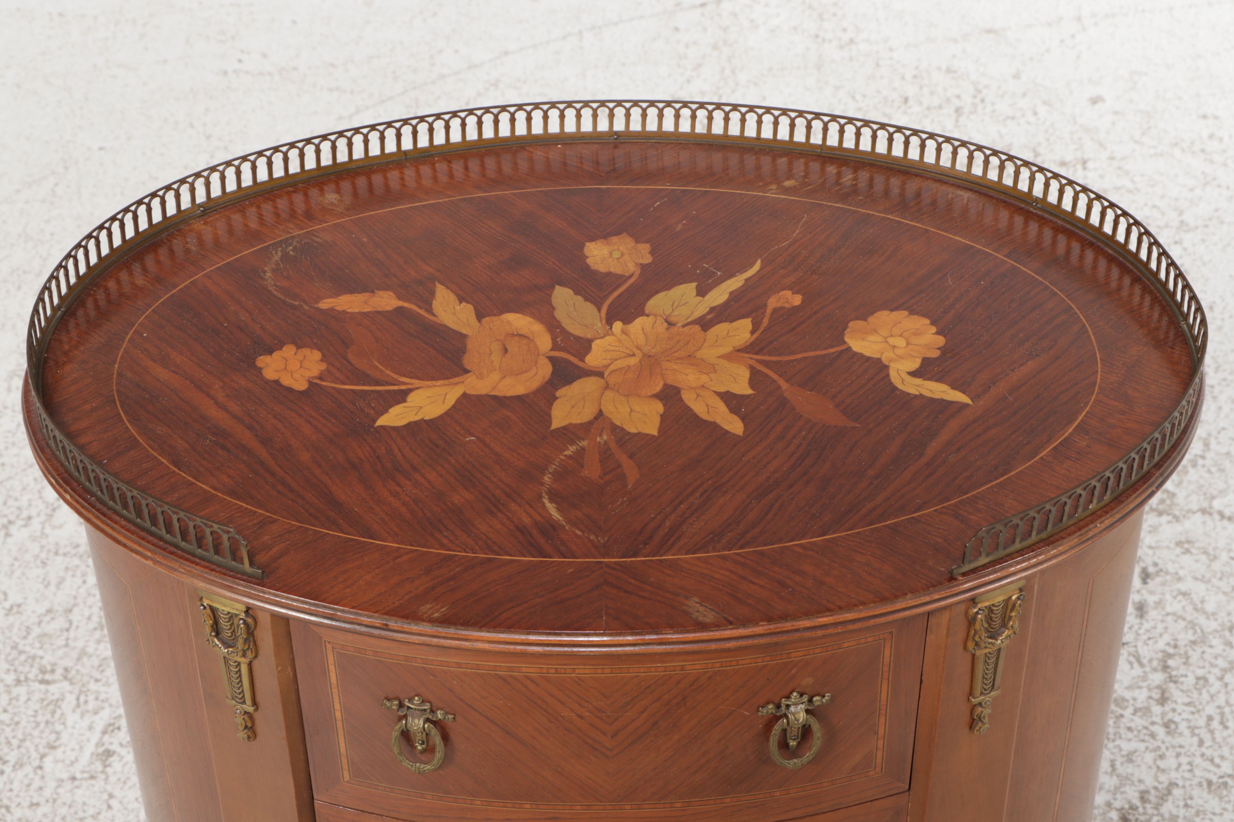 Pair of Louis XV Style Gallery Top and Marquetry Inlaid Fruitwood Nightstands