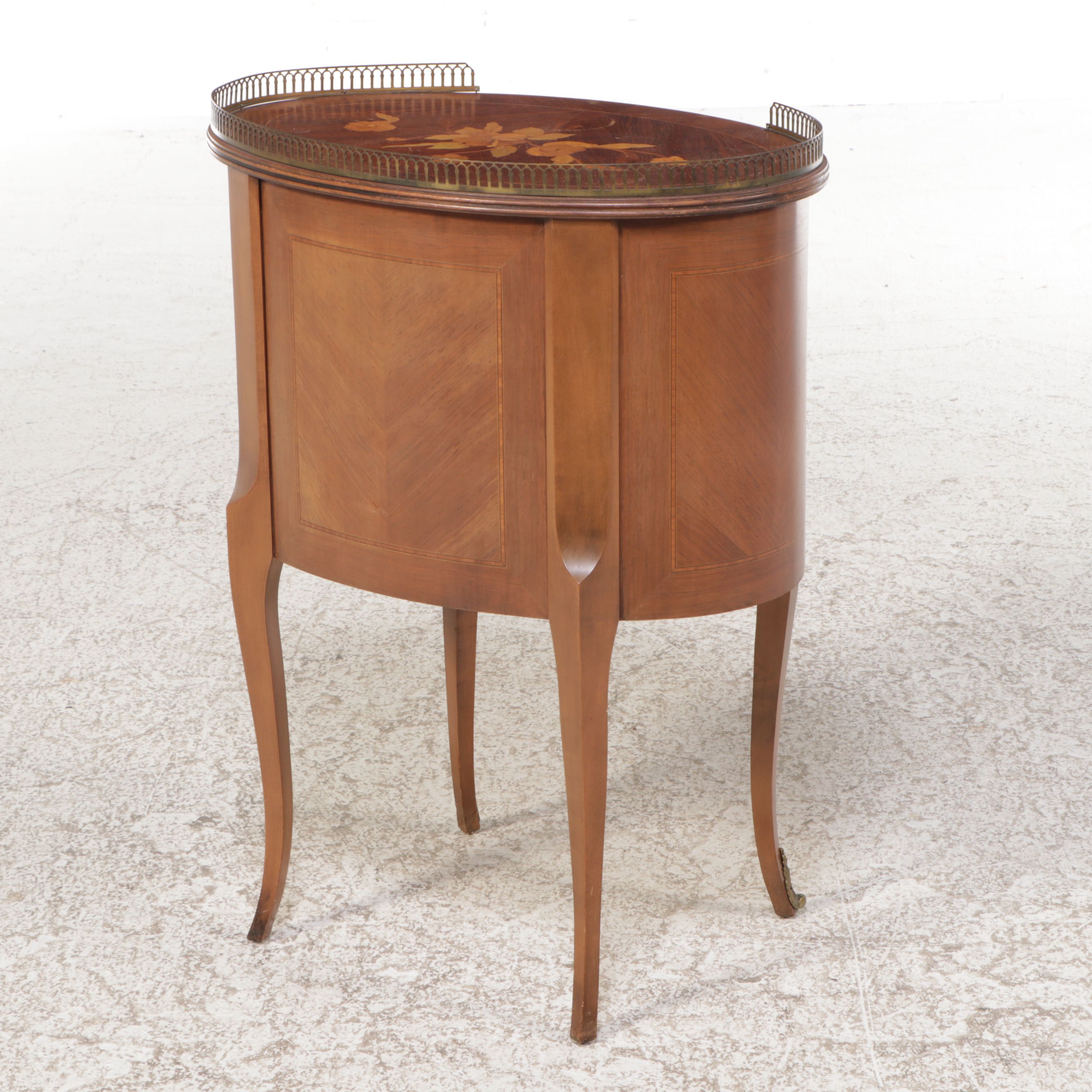 Pair of Louis XV Style Gallery Top and Marquetry Inlaid Fruitwood Nightstands