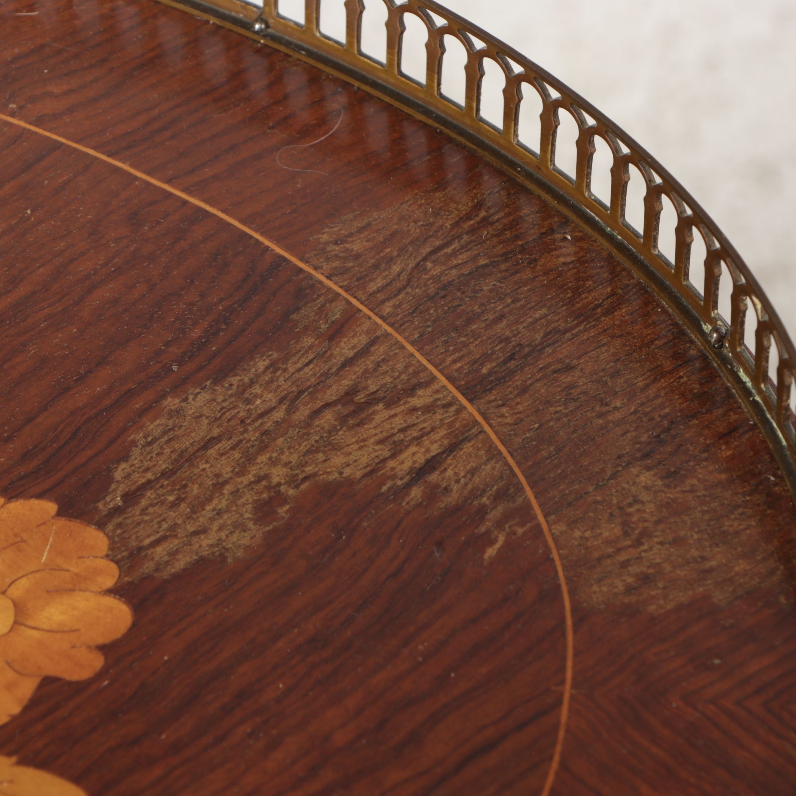 Pair of Louis XV Style Gallery Top and Marquetry Inlaid Fruitwood Nightstands