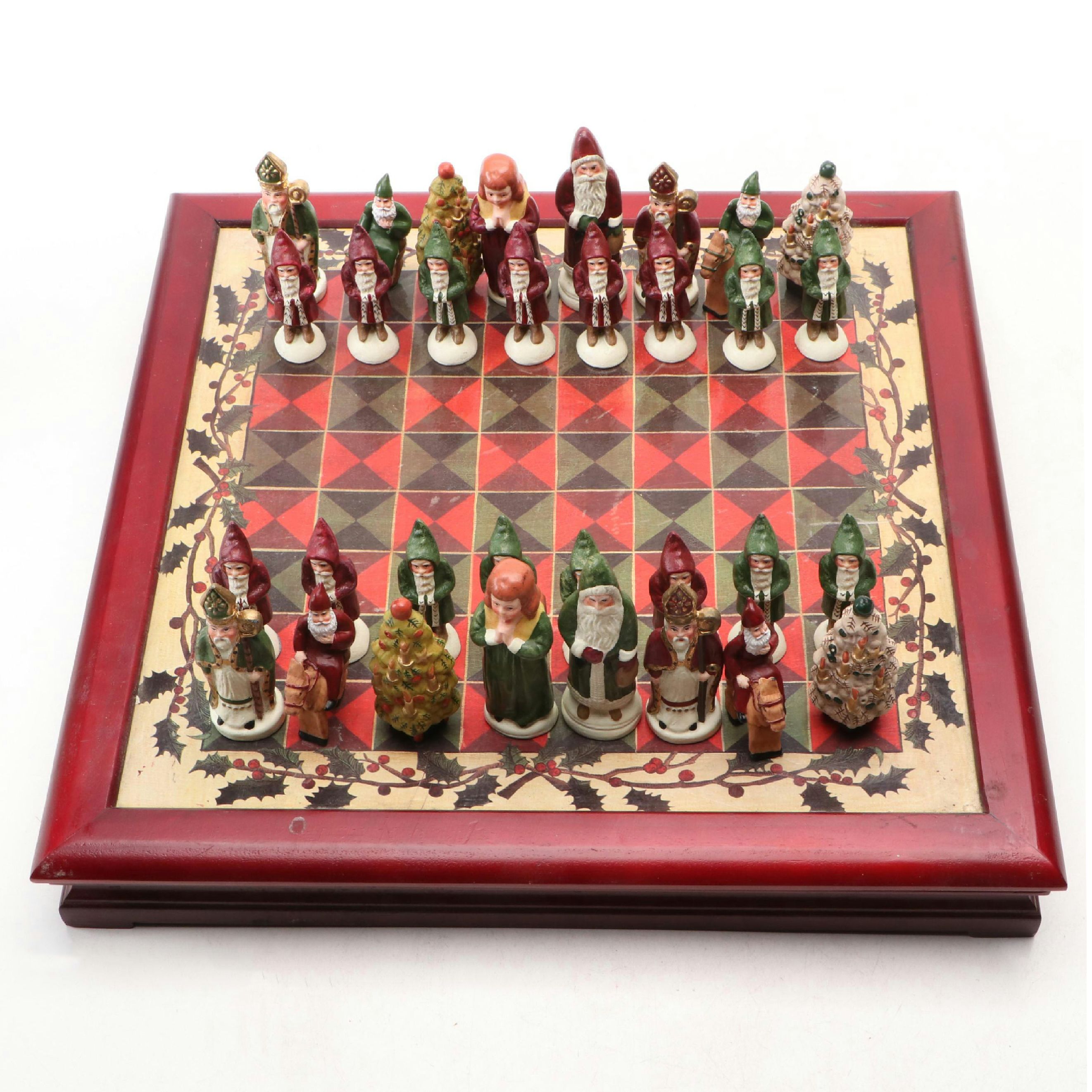 Christmas Themed Chess Set with Belsnickel Style and Other Figural Pieces